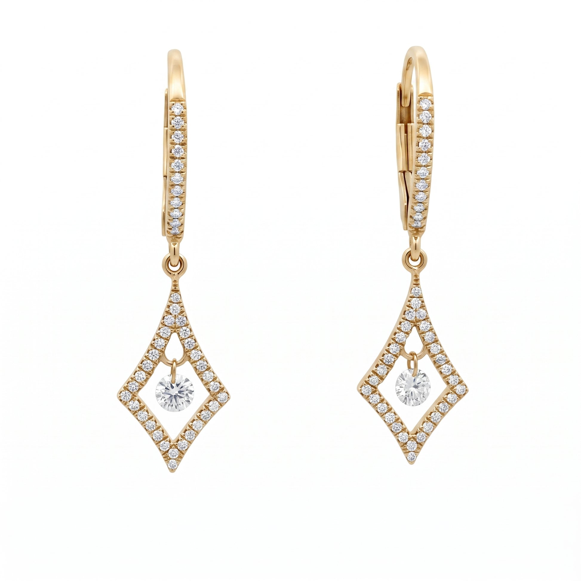 DEMJ0035 14K yellow gold diamond floating solitaire open kite lever-back drop earrings, front view