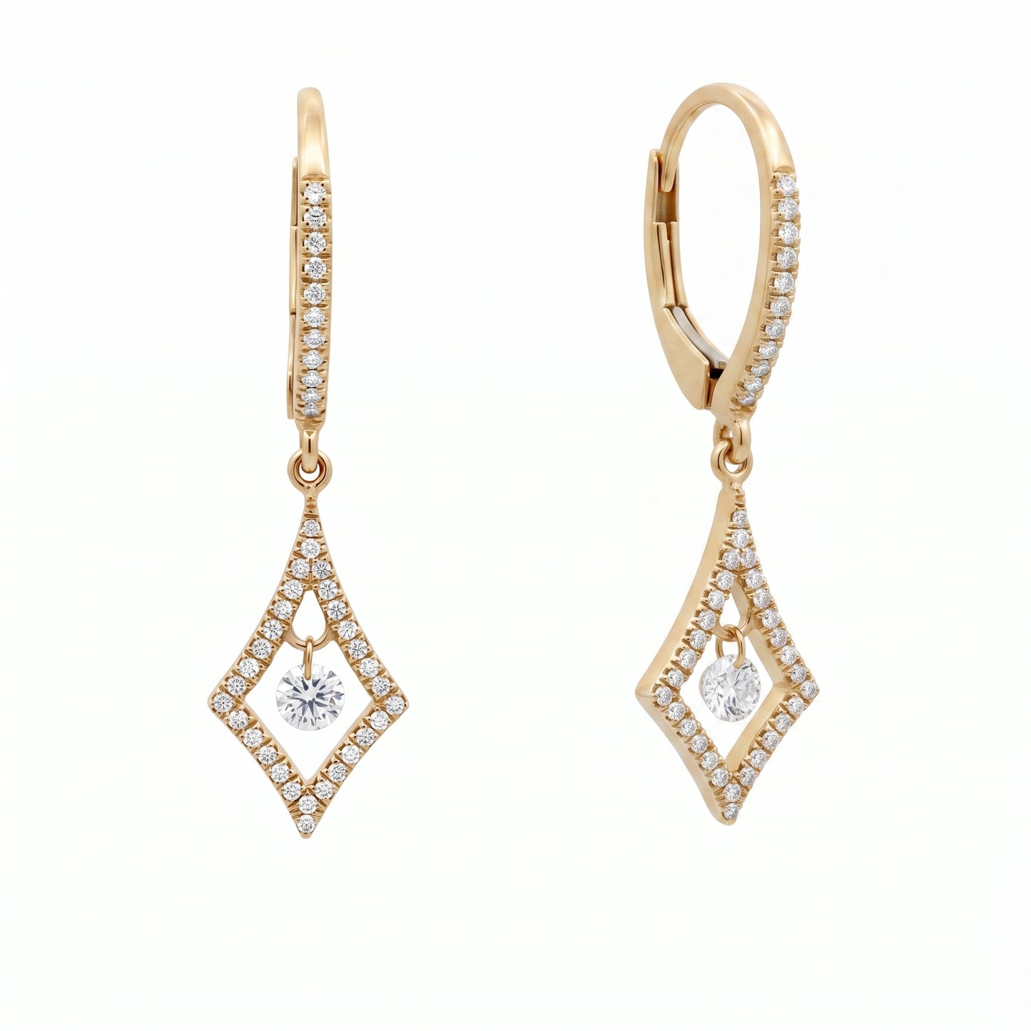 DEMJ0035 14K yellow gold diamond floating solitaire open kite lever-back drop earrings, angled view