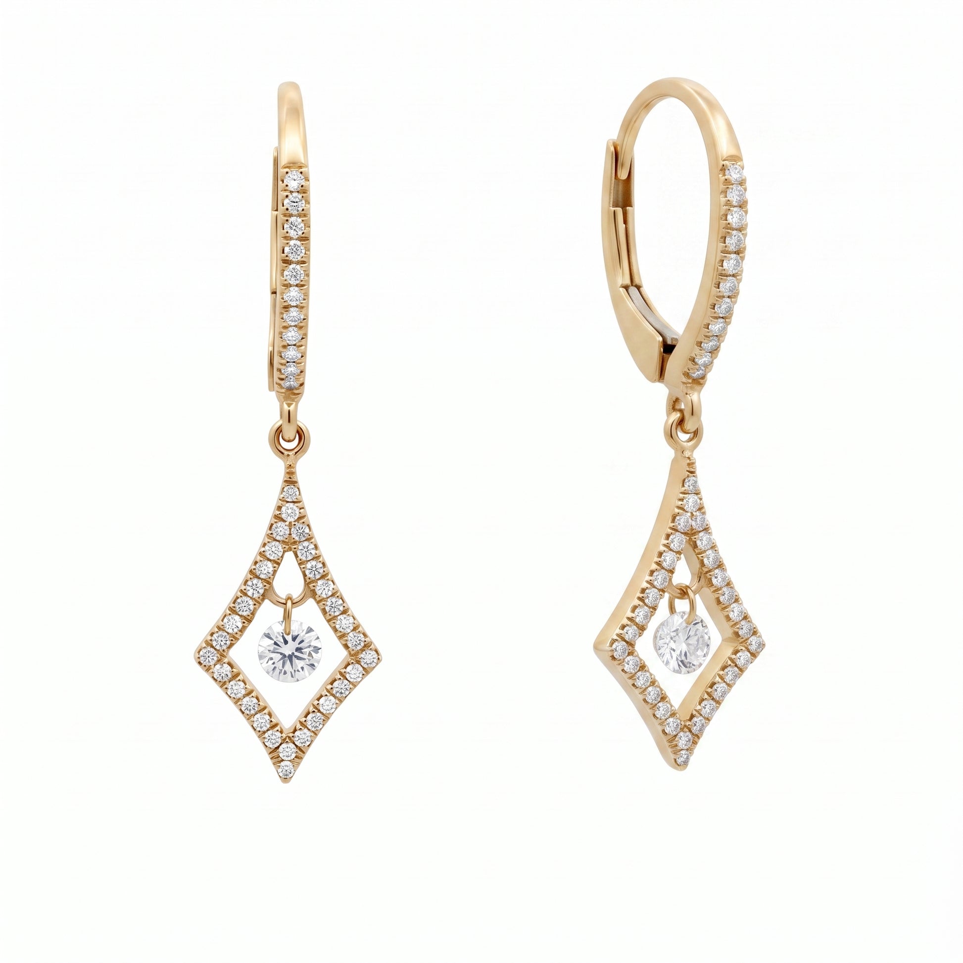 DEMJ0035 14K yellow gold diamond floating solitaire open kite lever-back drop earrings, angled view