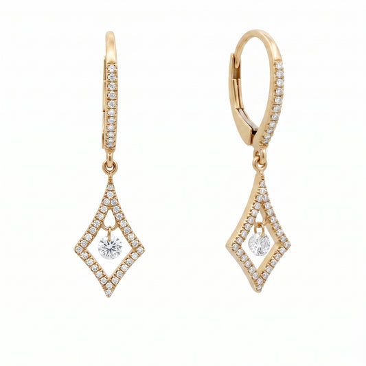 DEMJ0035 14K yellow gold diamond floating solitaire open kite lever-back drop earrings, angled view