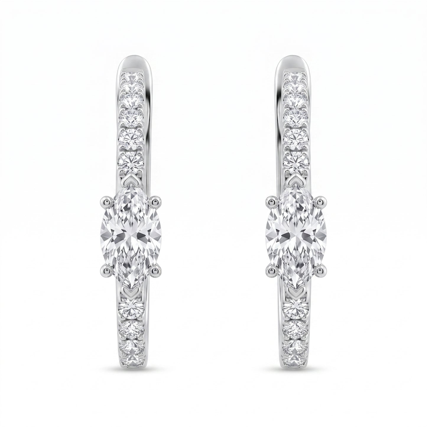 2 Marquise & 20-Diamond Hoop Earrings, 15x17mm - white background view