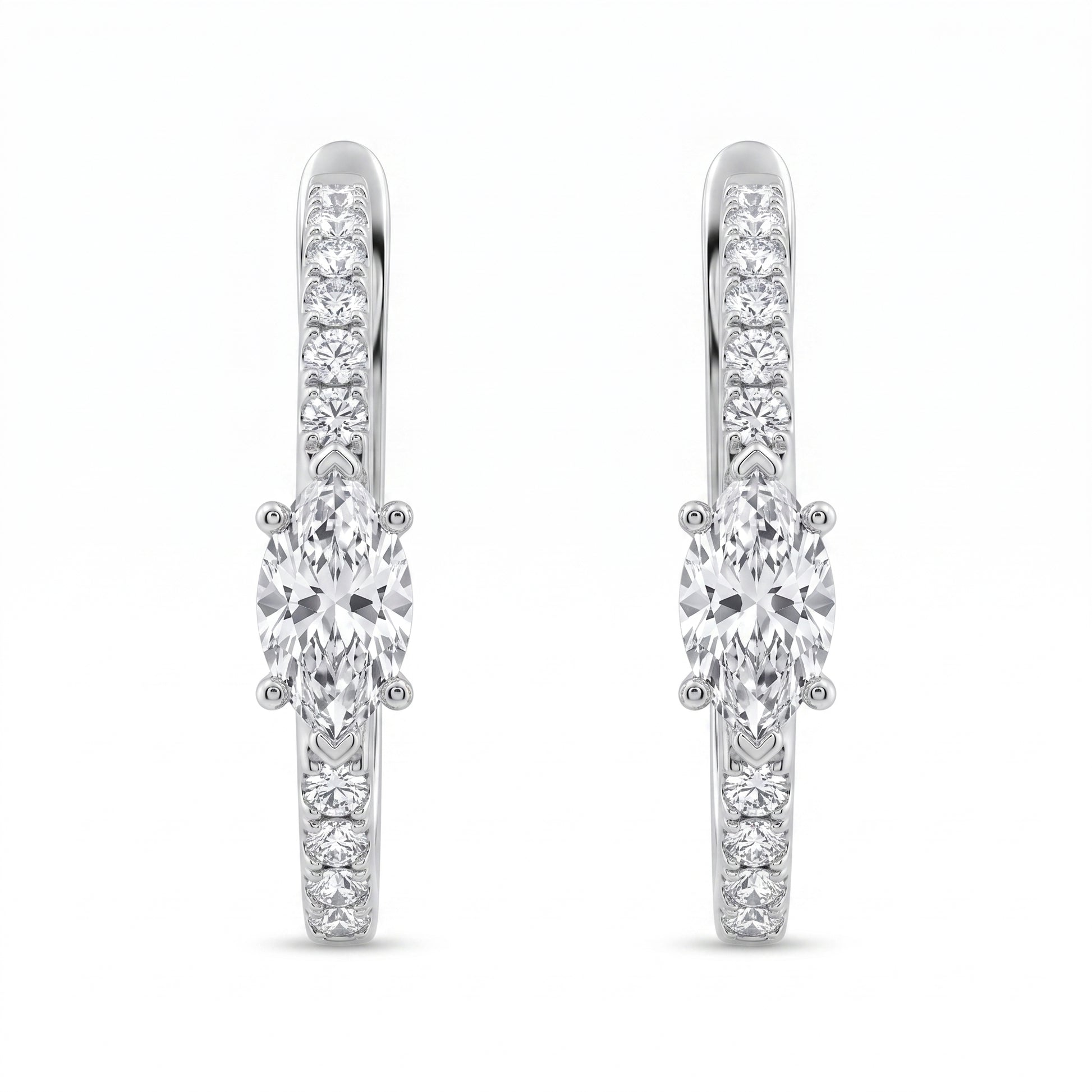 2 Marquise & 20-Diamond Hoop Earrings, 15x17mm - white background view