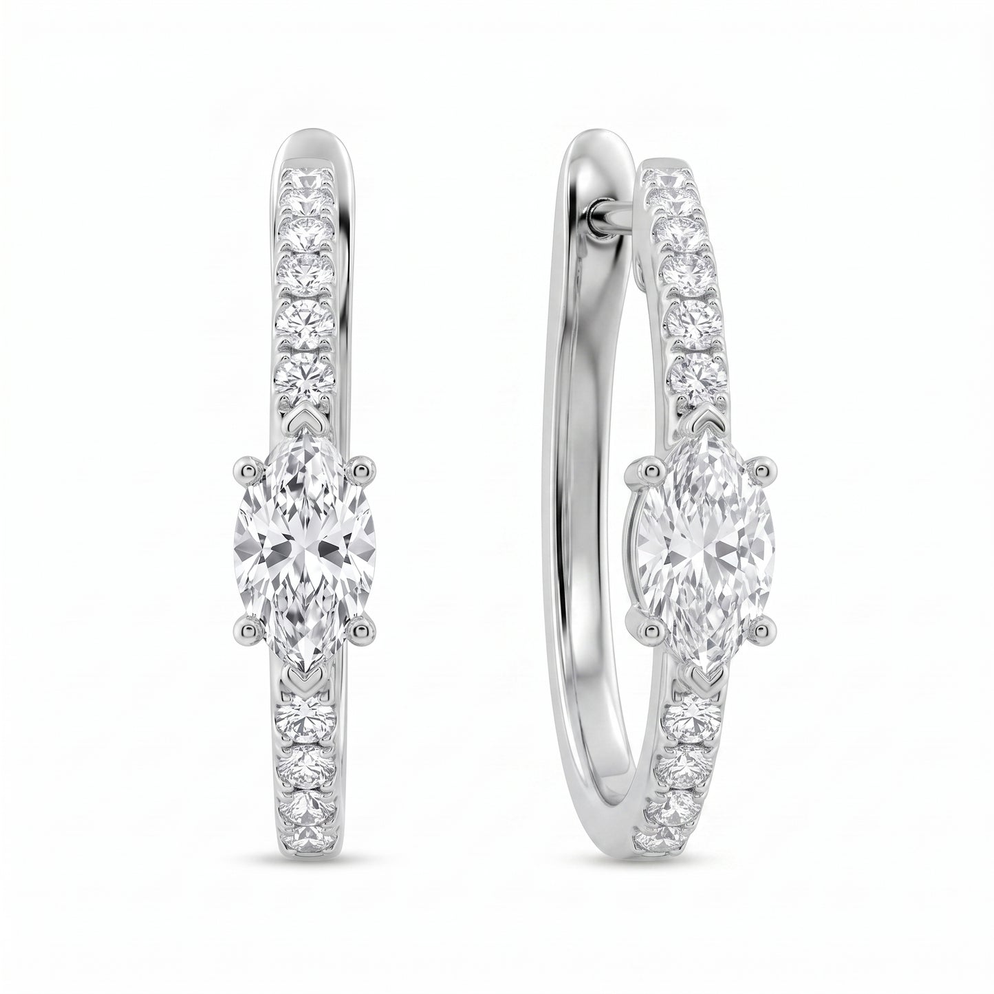 2 Marquise & 20-Diamond Hoop Earrings, 15x17mm - second white background view