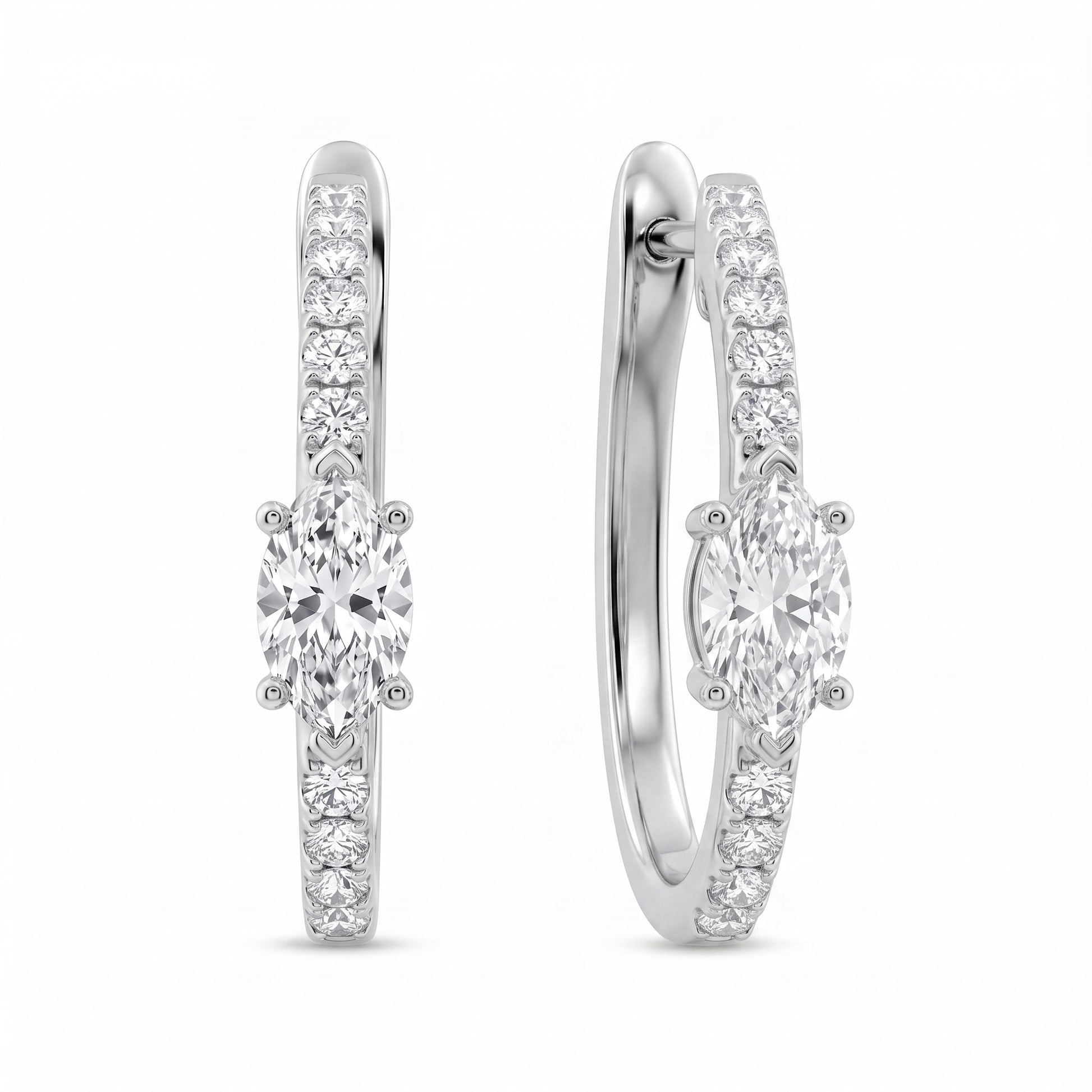 2 Marquise & 20-Diamond Hoop Earrings, 15x17mm - second white background view