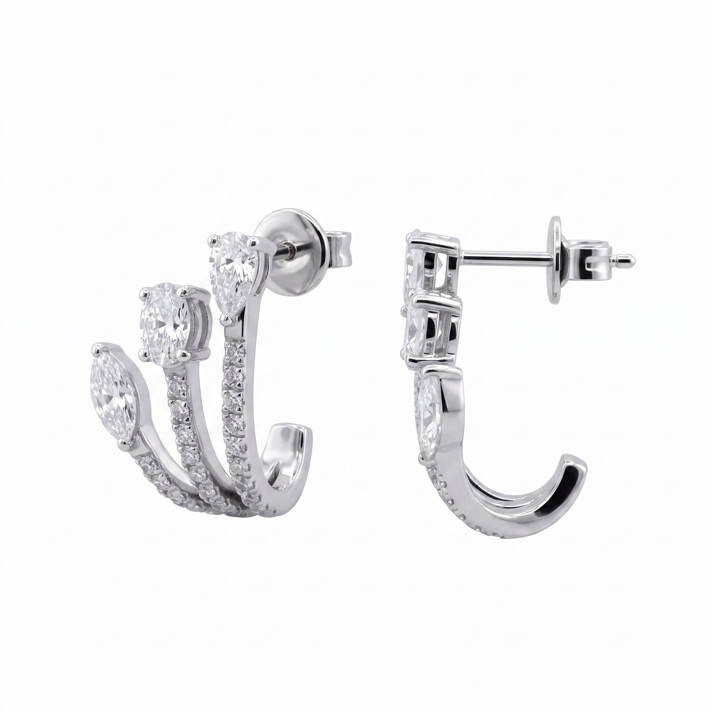 DEPJ0051W W-2 front and turned view showing the straight post and butterfly back - three pave arms tipped with marquise, oval and pear diamonds, fan post earrings in 18K white gold