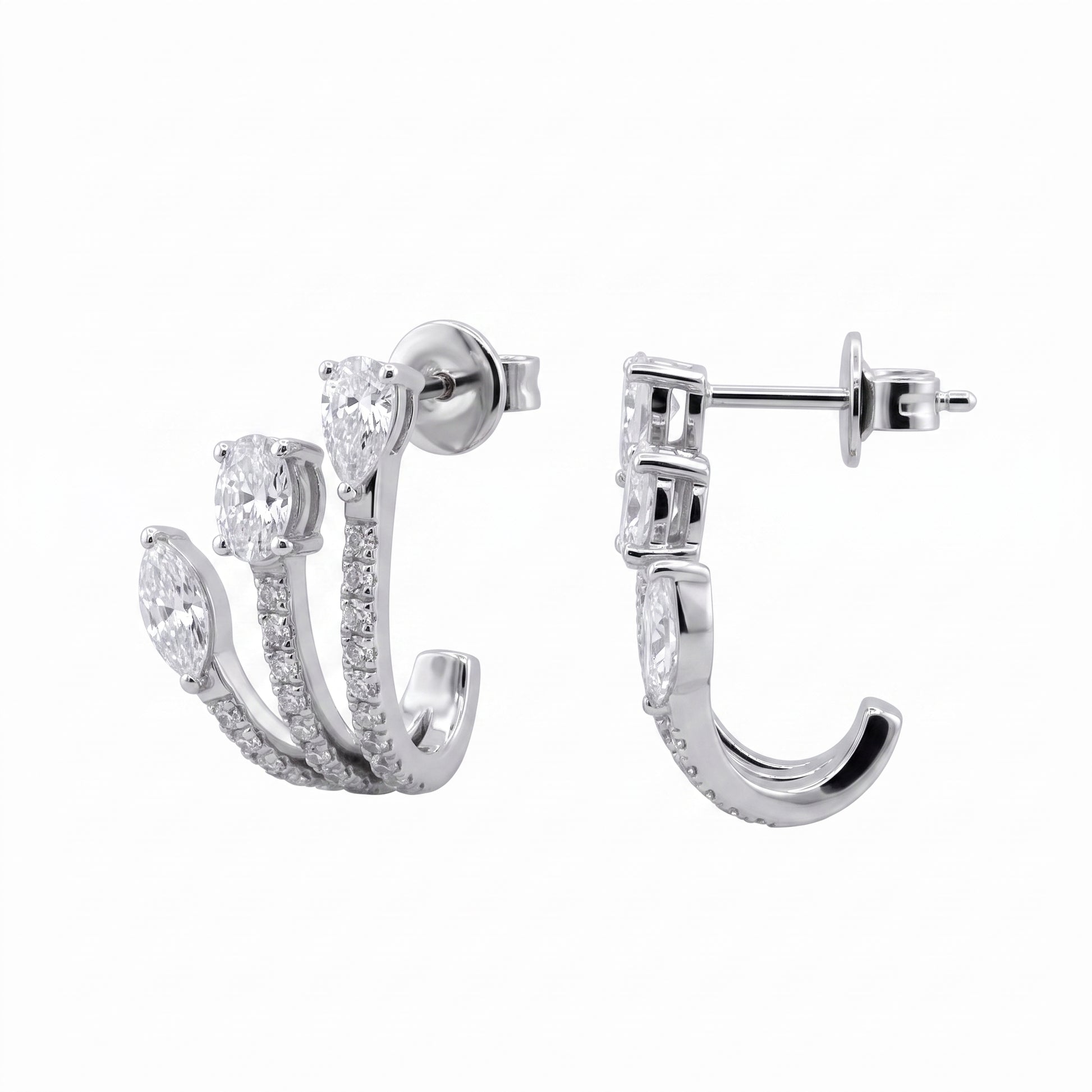 DEPJ0051W W-2 front and turned view showing the straight post and butterfly back - three pave arms tipped with marquise, oval and pear diamonds, fan post earrings in 18K white gold