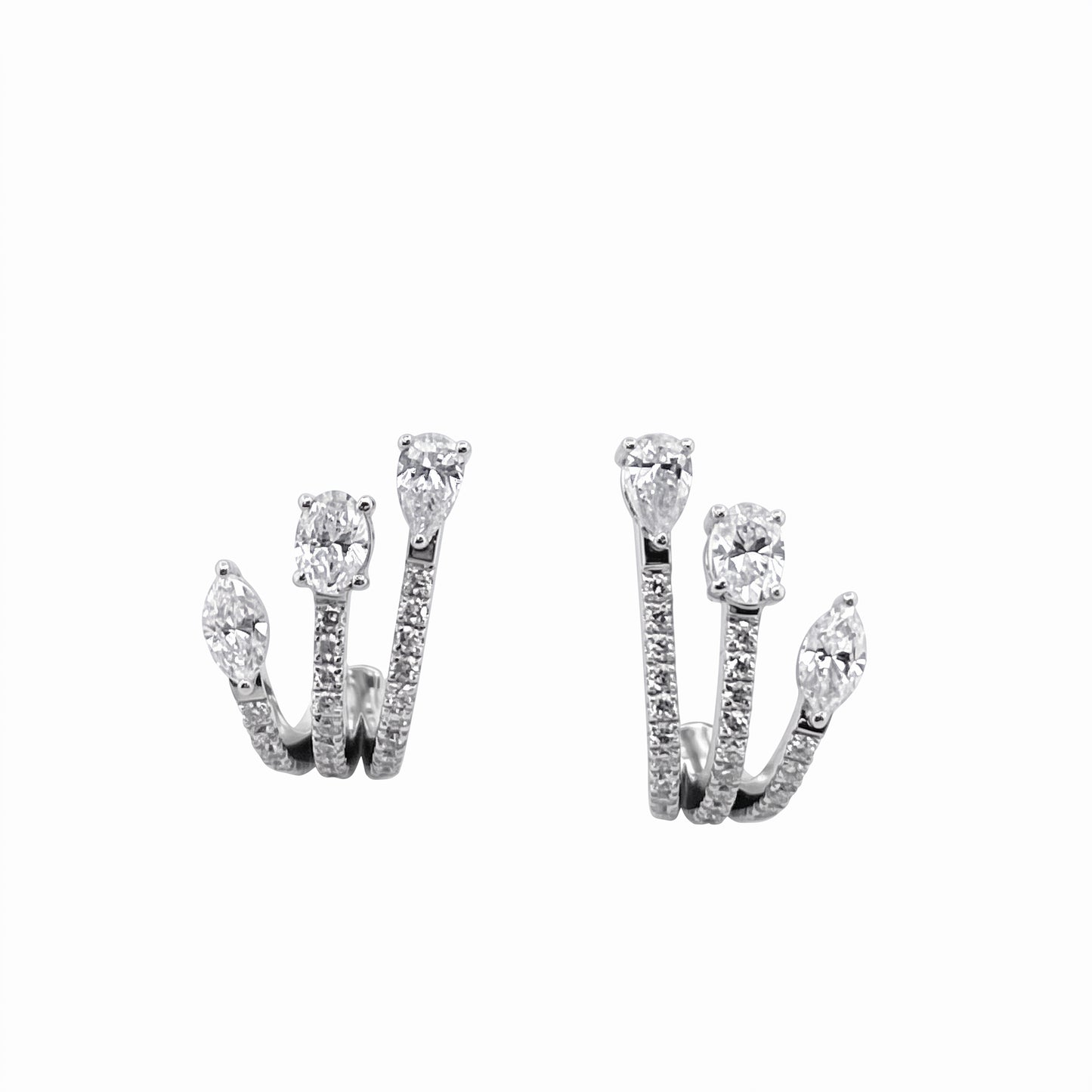 DEPJ0051W W-1 frontal pair - three tapering pave arms fanning from the lobe, each tipped with a claw-set marquise, oval and pear diamond, 54 round pave diamonds, fan post earrings in 18K white gold