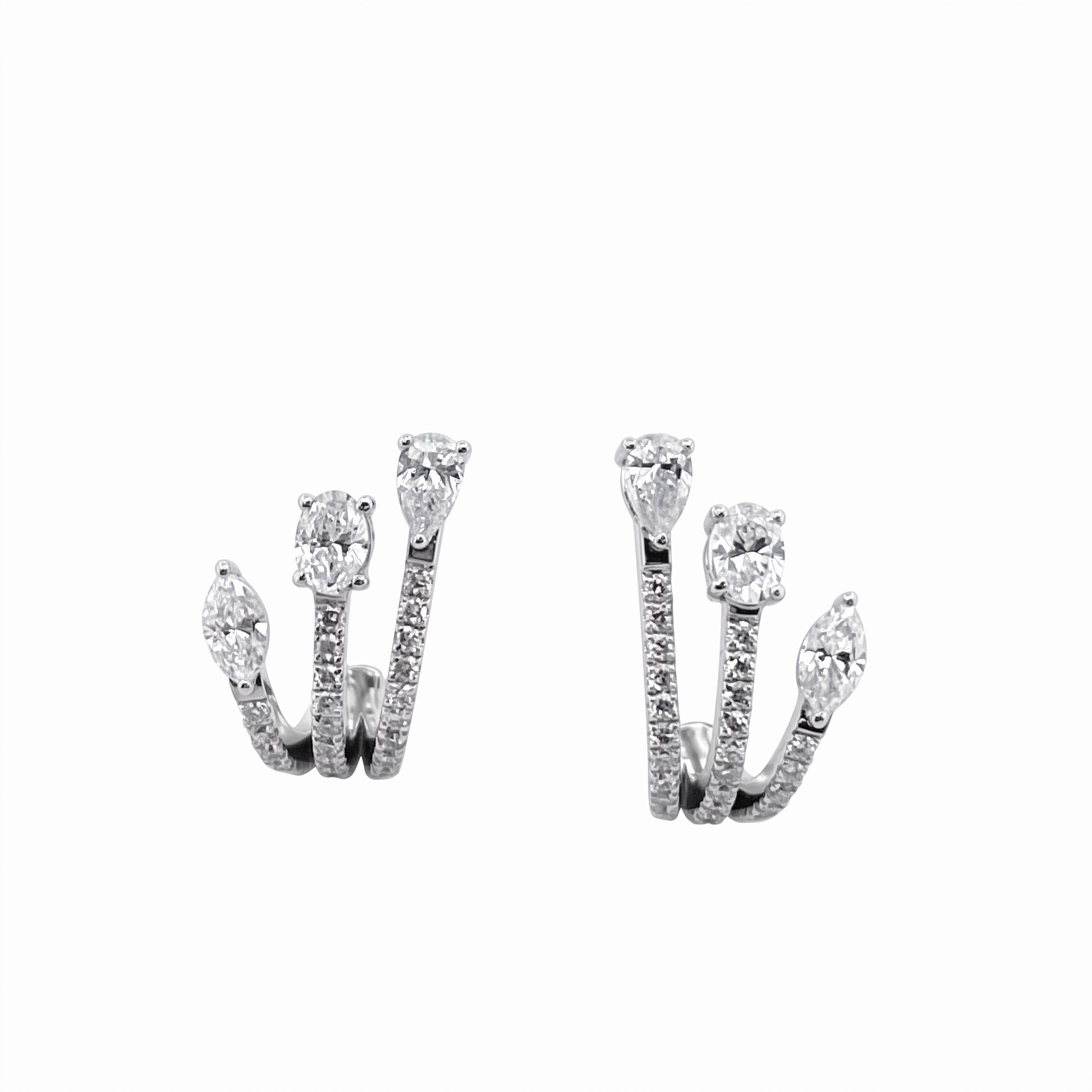 DEPJ0051W W-1 frontal pair - three tapering pave arms fanning from the lobe, each tipped with a claw-set marquise, oval and pear diamond, 54 round pave diamonds, fan post earrings in 18K white gold