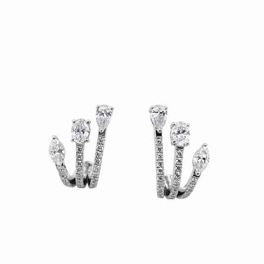 DEPJ0051W W-1 frontal pair - three tapering pave arms fanning from the lobe, each tipped with a claw-set marquise, oval and pear diamond, 54 round pave diamonds, fan post earrings in 18K white gold