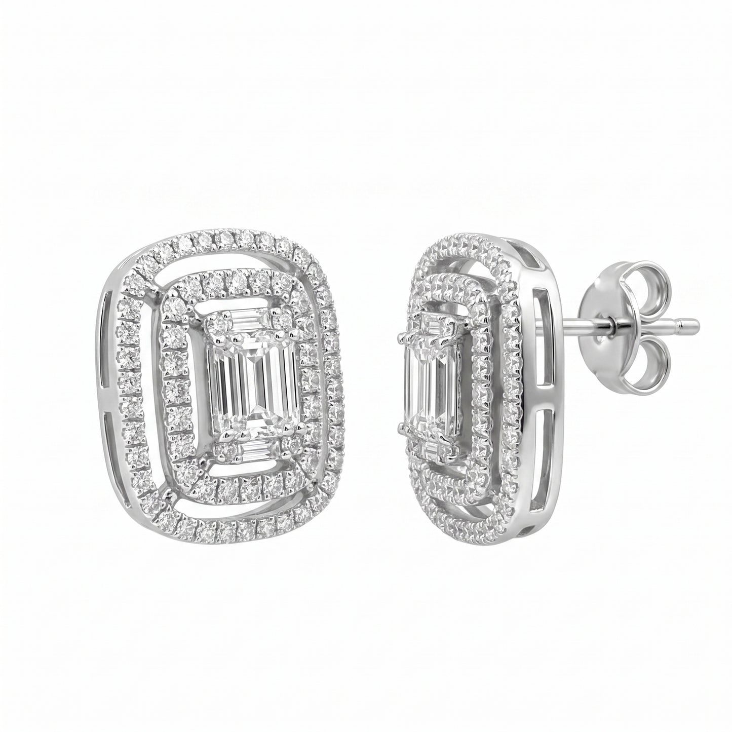 142-Diamond Rectangle Stud Earrings in 18K white gold - second view showing post and butterfly back
