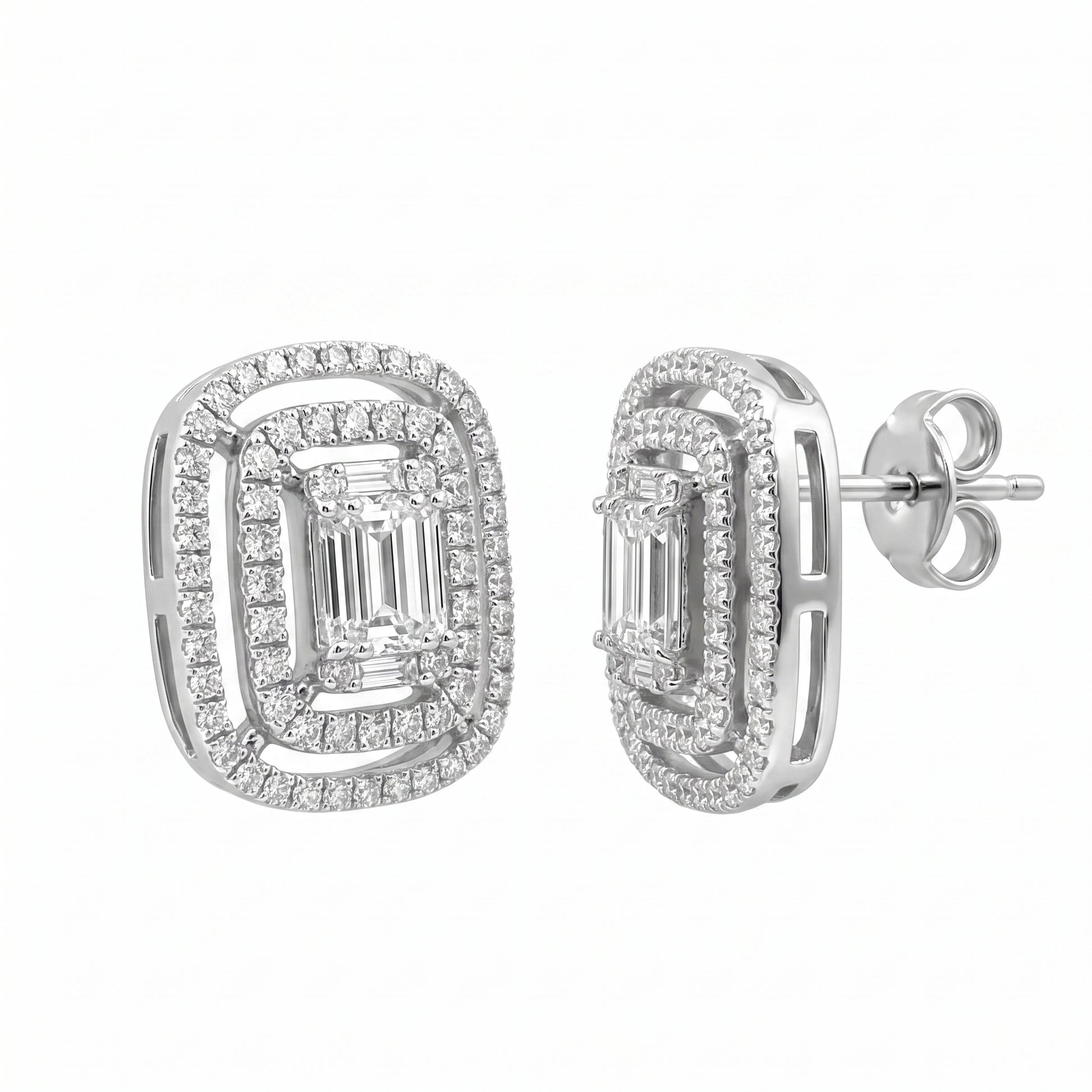 142-Diamond Rectangle Stud Earrings in 18K white gold - second view showing post and butterfly back