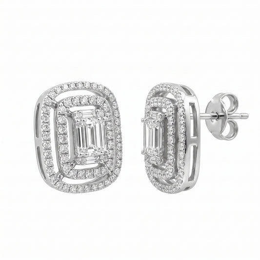 142-Diamond Rectangle Stud Earrings in 18K white gold - second view showing post and butterfly back