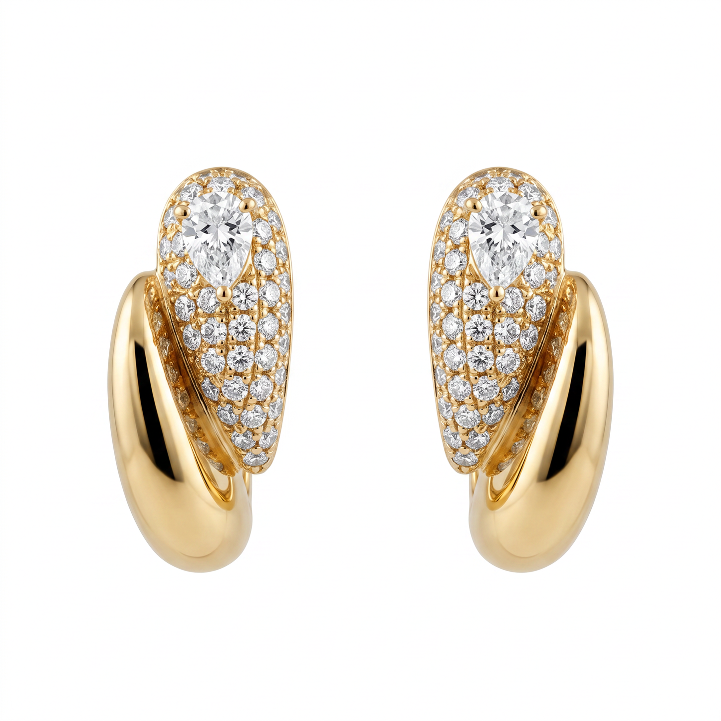 DEPJ0067 W-1 white background frontal pair - pear and round pave diamond 18K yellow gold bypass hoop earrings