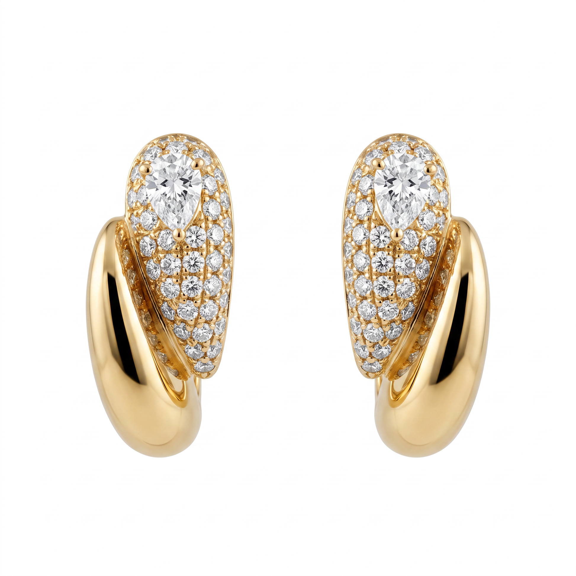 DEPJ0067 W-1 white background frontal pair - pear and round pave diamond 18K yellow gold bypass hoop earrings