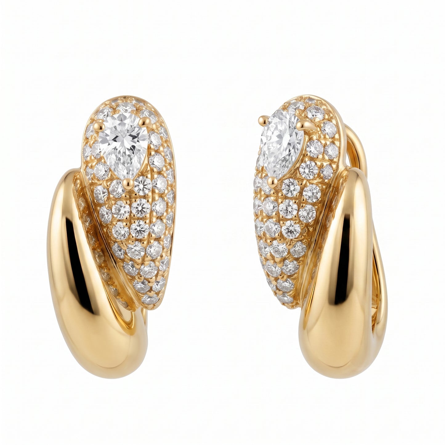 DEPJ0067 W-2 white background three-quarter angle pair - pear and round pave diamond 18K yellow gold bypass hoop earrings