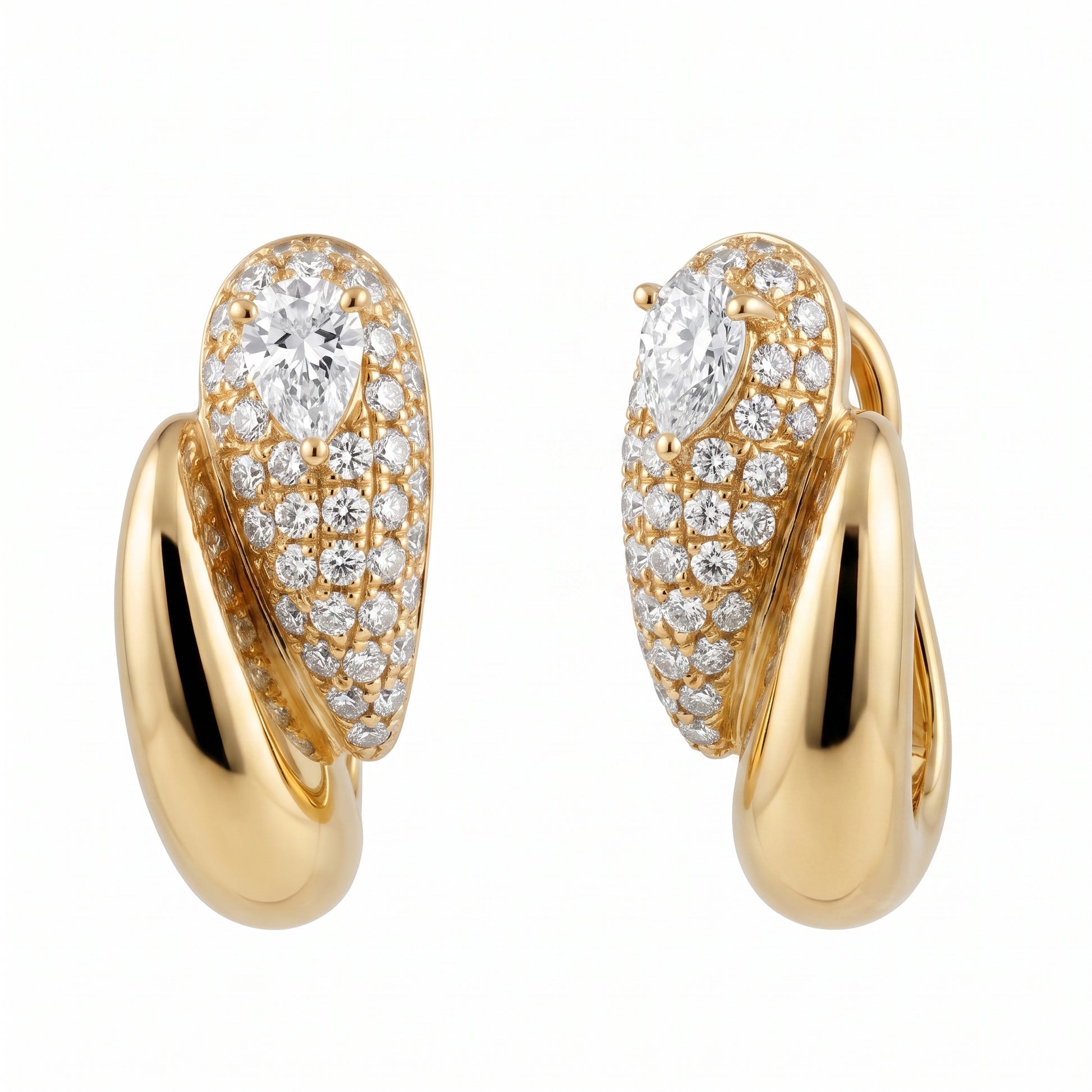 DEPJ0067 W-2 white background three-quarter angle pair - pear and round pave diamond 18K yellow gold bypass hoop earrings
