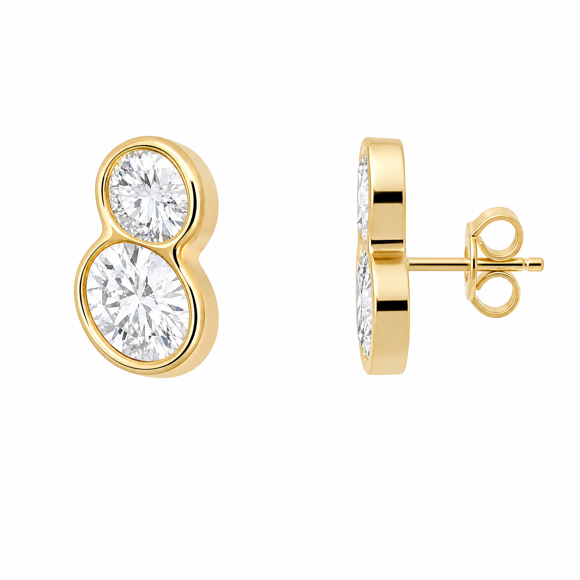 DEPJ0068 W-2 front and turned view showing straight post and butterfly back - two oval diamond figure-eight bezel stud earrings in 18K yellow gold