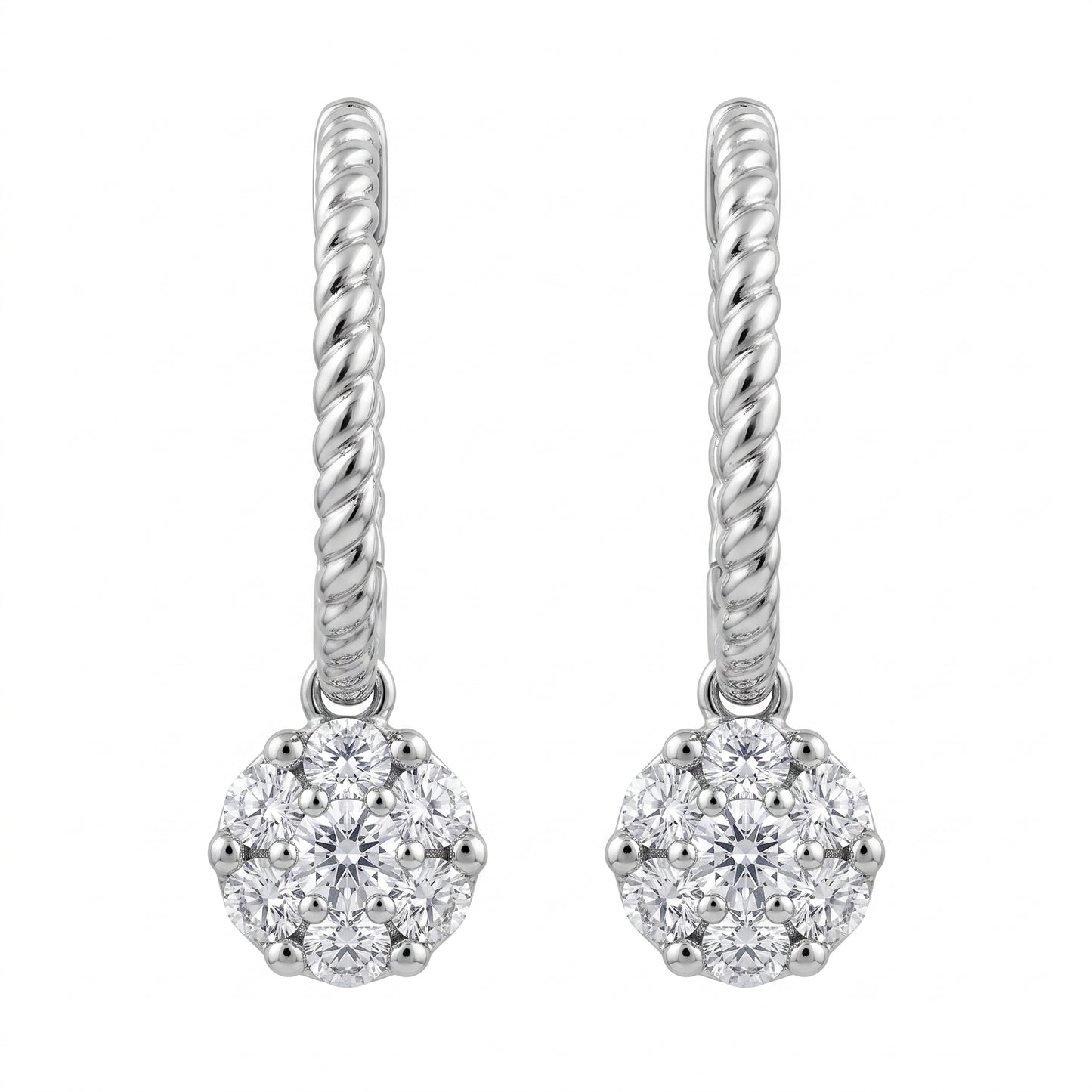 14 karat white gold rope hoop earrings with round diamond cluster drops, front view
