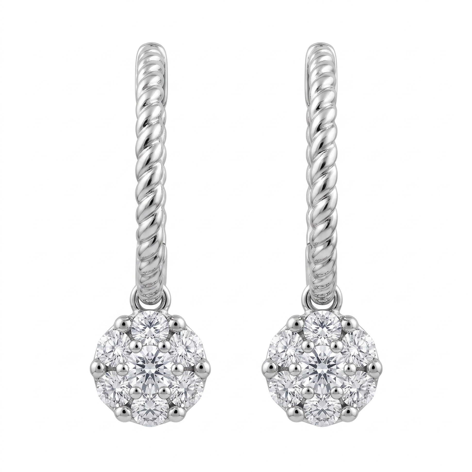 14 karat white gold rope hoop earrings with round diamond cluster drops, front view