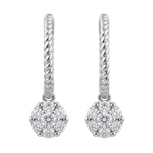 14 karat white gold rope hoop earrings with round diamond cluster drops, front view