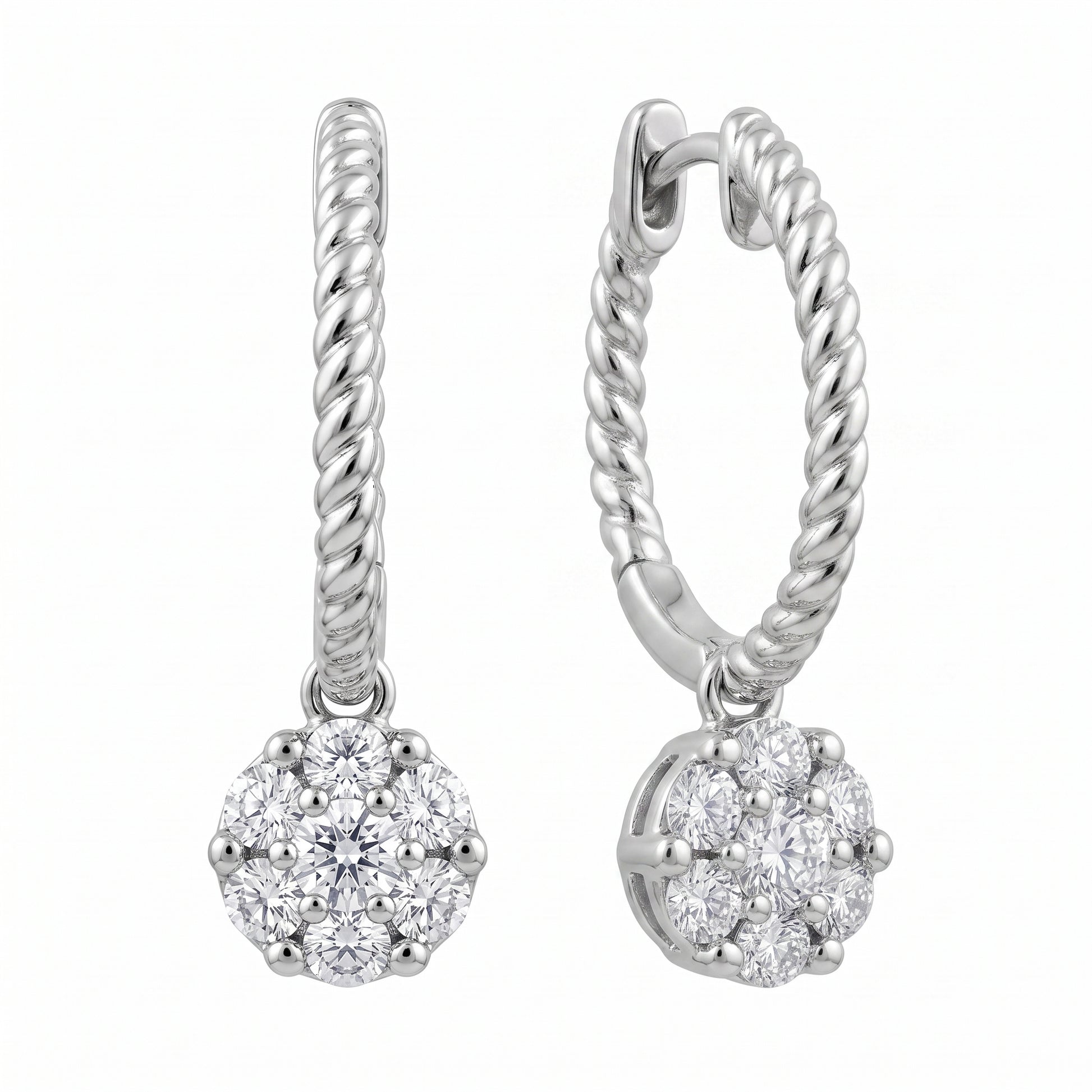 14 karat white gold rope hoop earrings with round diamond cluster drops, angled view