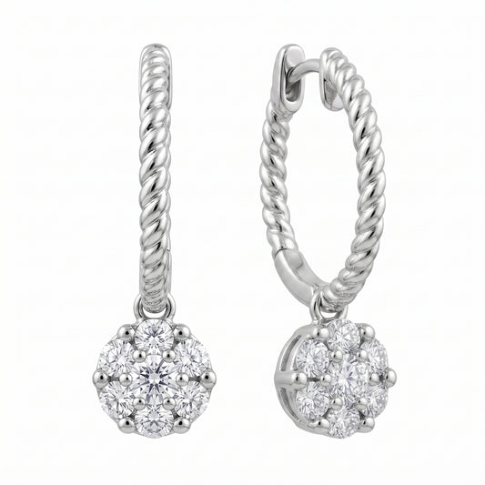 14 karat white gold rope hoop earrings with round diamond cluster drops, angled view