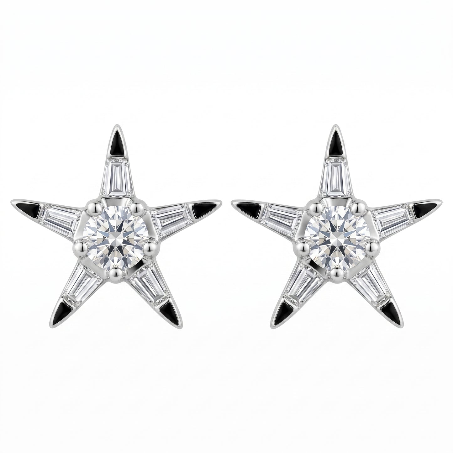 12-Diamond Star Stud Earrings in 18K white gold, five-pointed star with tapered baguette and round diamonds, front view
