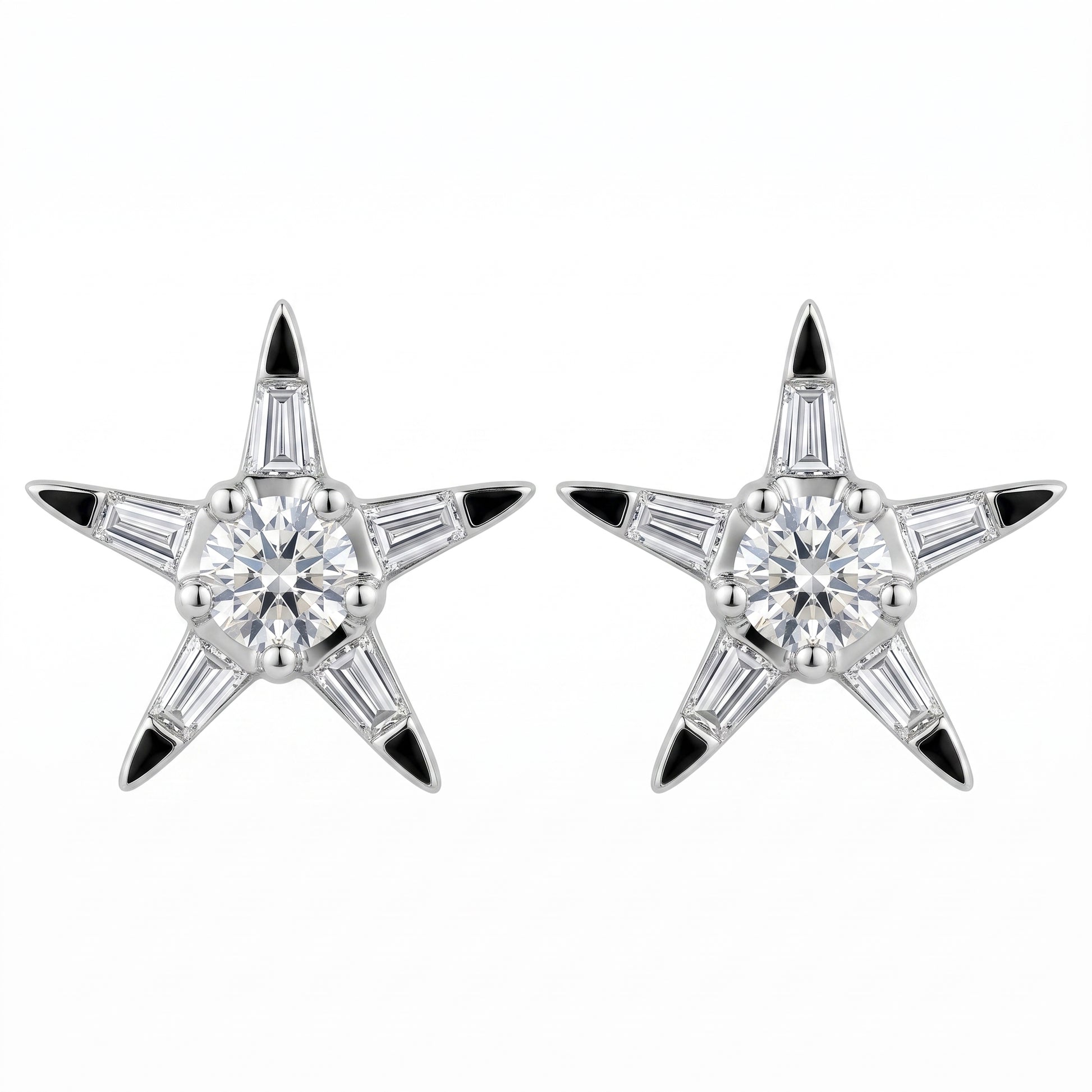 12-Diamond Star Stud Earrings in 18K white gold, five-pointed star with tapered baguette and round diamonds, front view