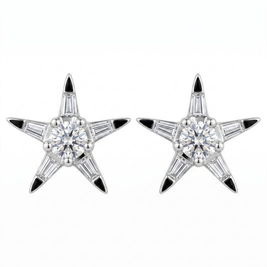 12-Diamond Star Stud Earrings in 18K white gold, five-pointed star with tapered baguette and round diamonds, front view