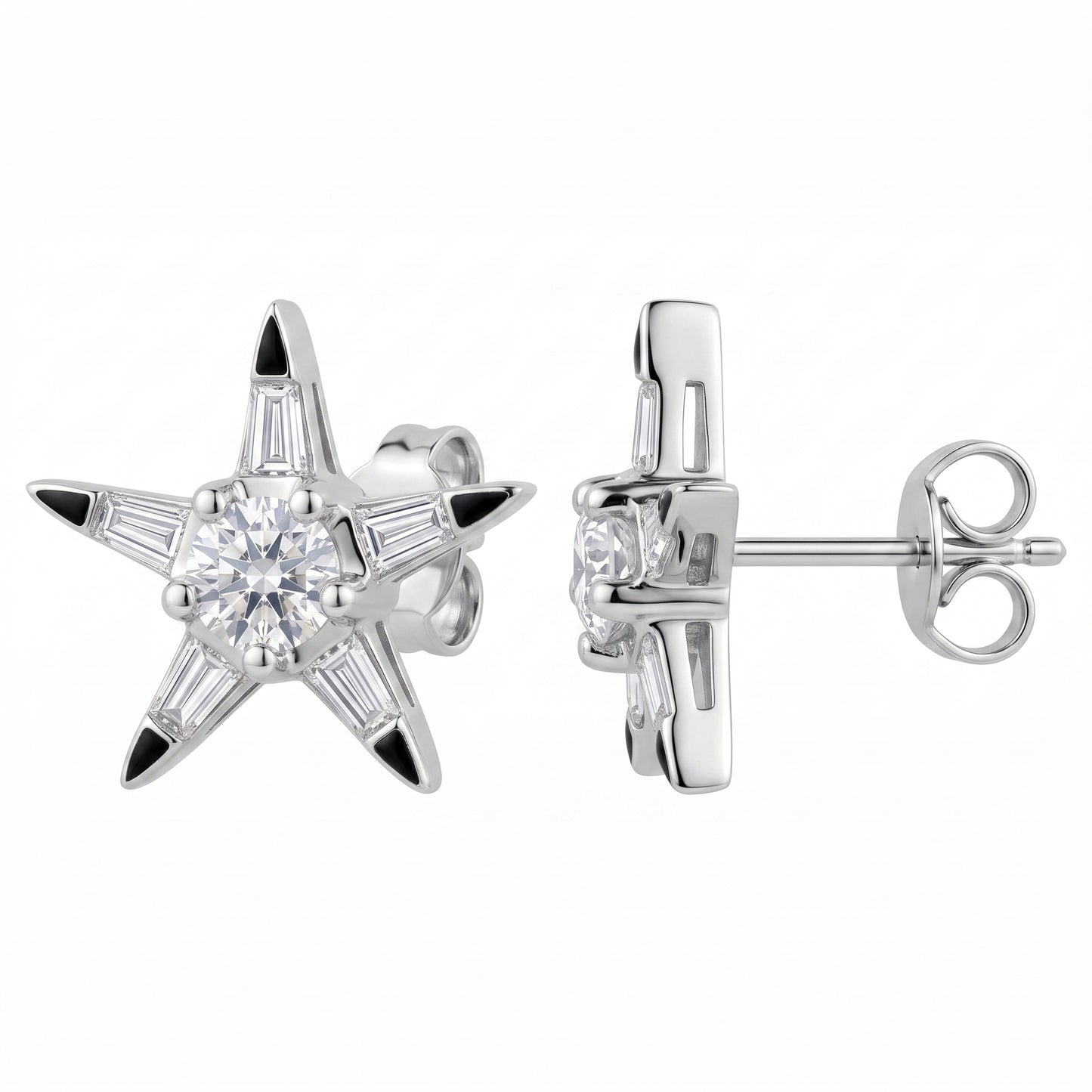 12-Diamond Star Stud Earrings in 18K white gold, front and side view showing post and butterfly back
