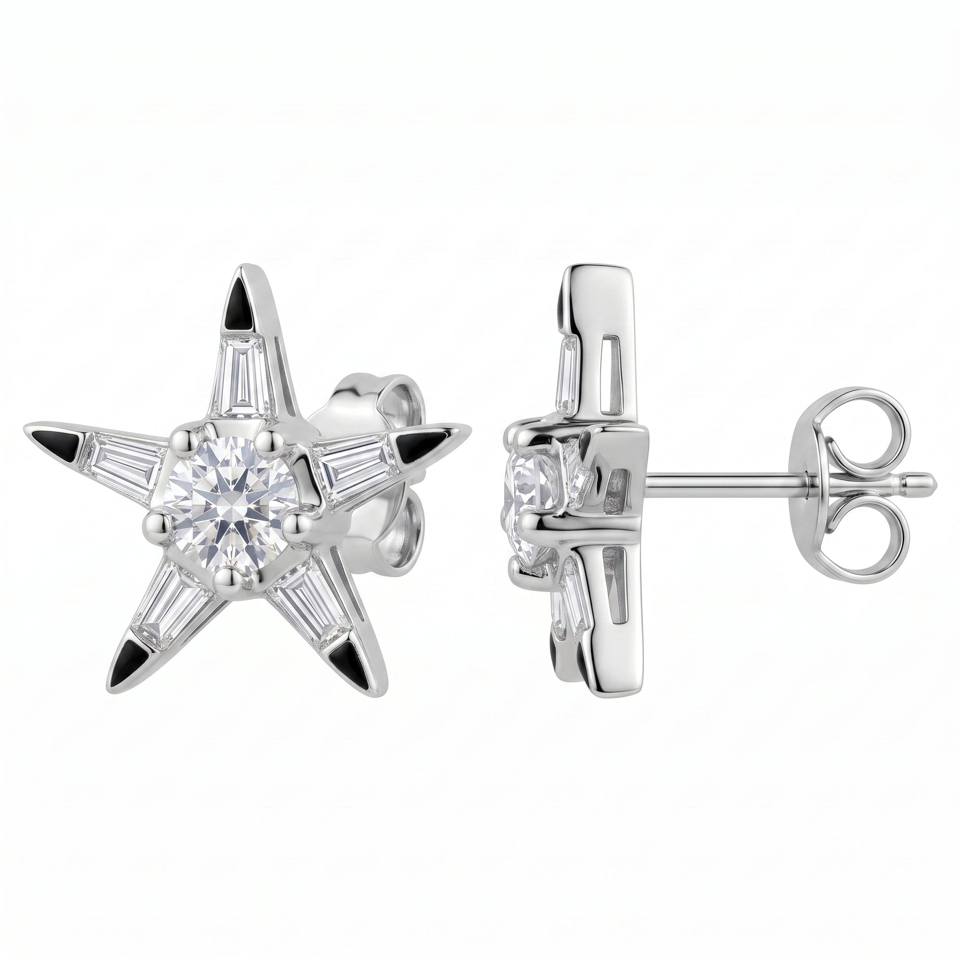 12-Diamond Star Stud Earrings in 18K white gold, front and side view showing post and butterfly back