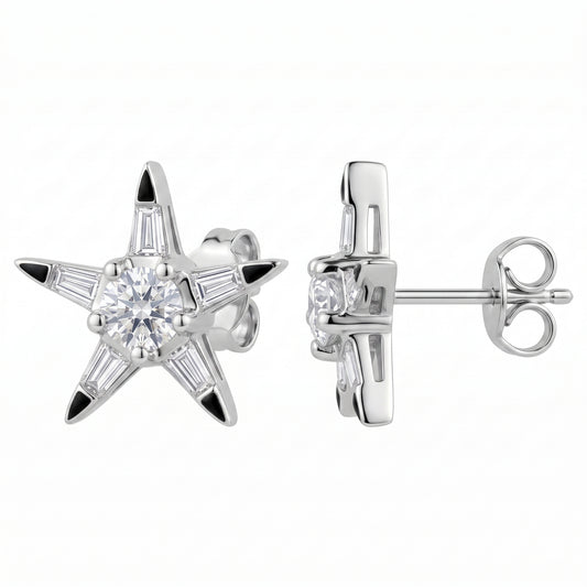 12-Diamond Star Stud Earrings in 18K white gold, front and side view showing post and butterfly back
