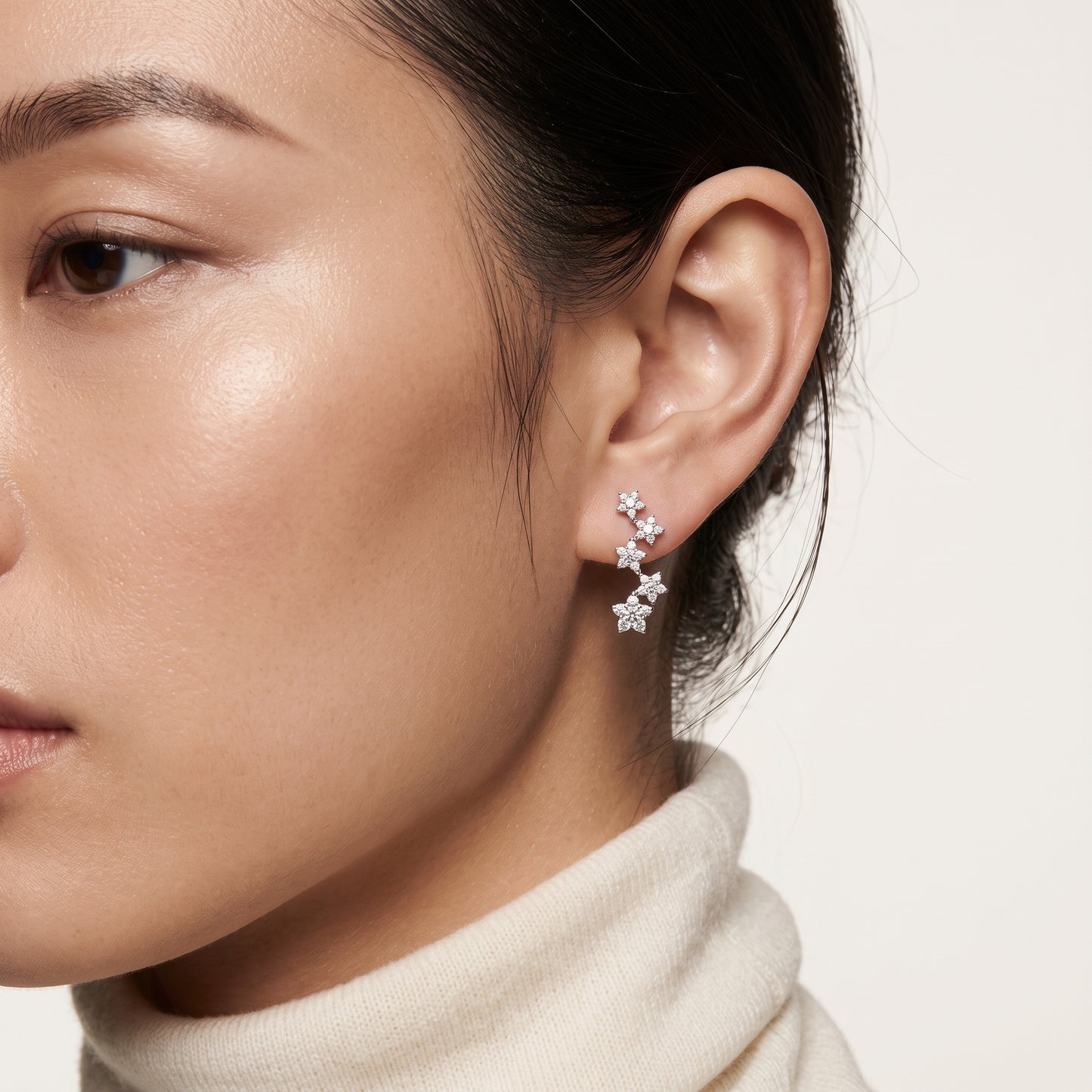 4.50 Carat White and Black Diamond Cascading Flower Drop Earrings — worn on model
