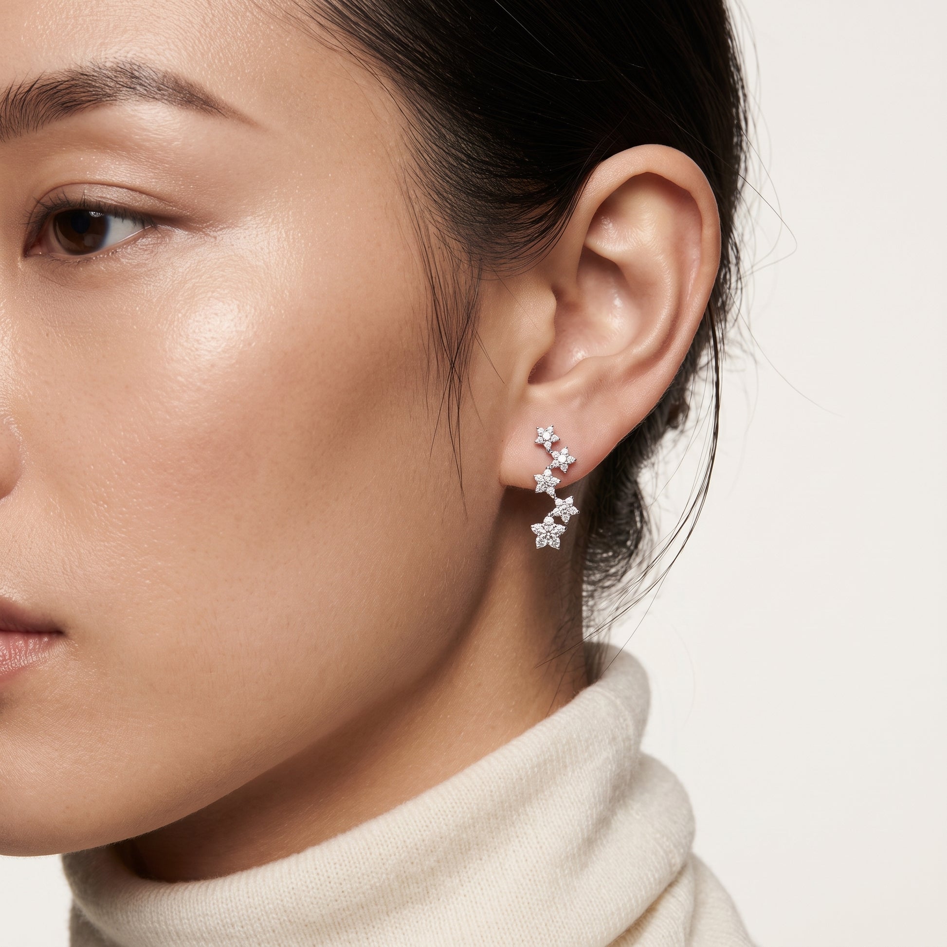 4.50 Carat White and Black Diamond Cascading Flower Drop Earrings — worn on model