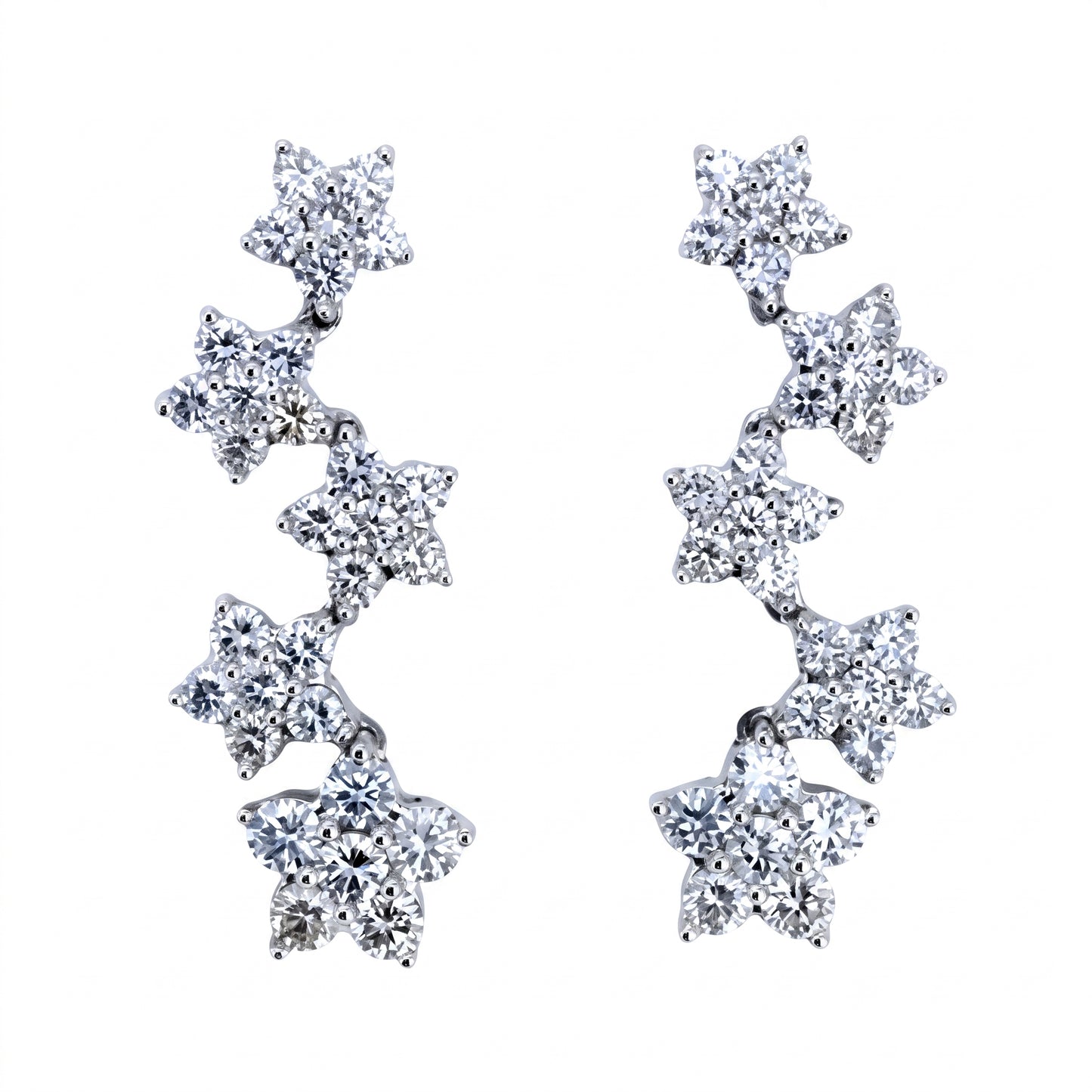 4.50 Carat White and Black Diamond Cascading Flower Drop Earrings — front view