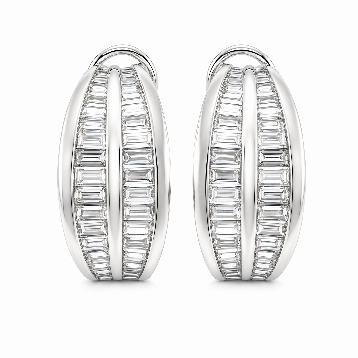 DERT0134W W-1 frontal pair - tapered baguette diamond three-row channel half-hoop clip earrings in 18K white gold
