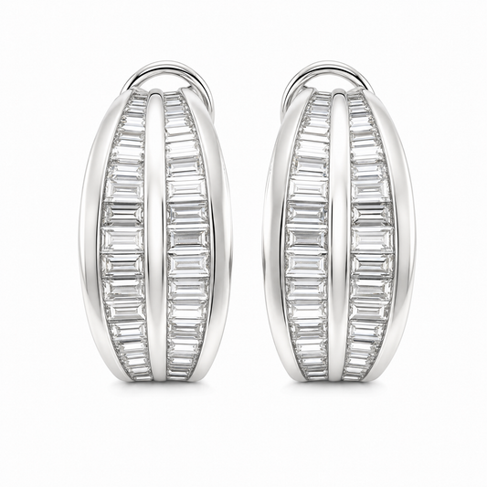 DERT0134W W-1 frontal pair - tapered baguette diamond three-row channel half-hoop clip earrings in 18K white gold
