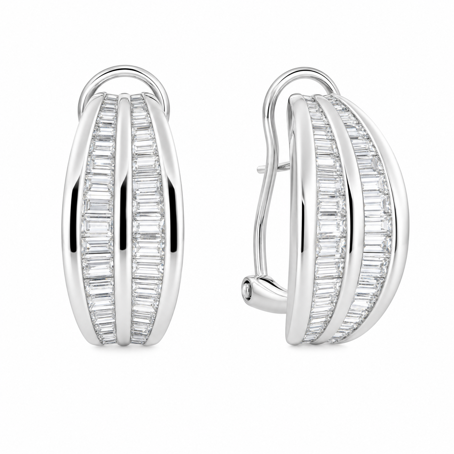 DERT0134W W-2 front and turned view showing French clip backing - tapered baguette diamond three-row channel half-hoop clip earrings in 18K white gold