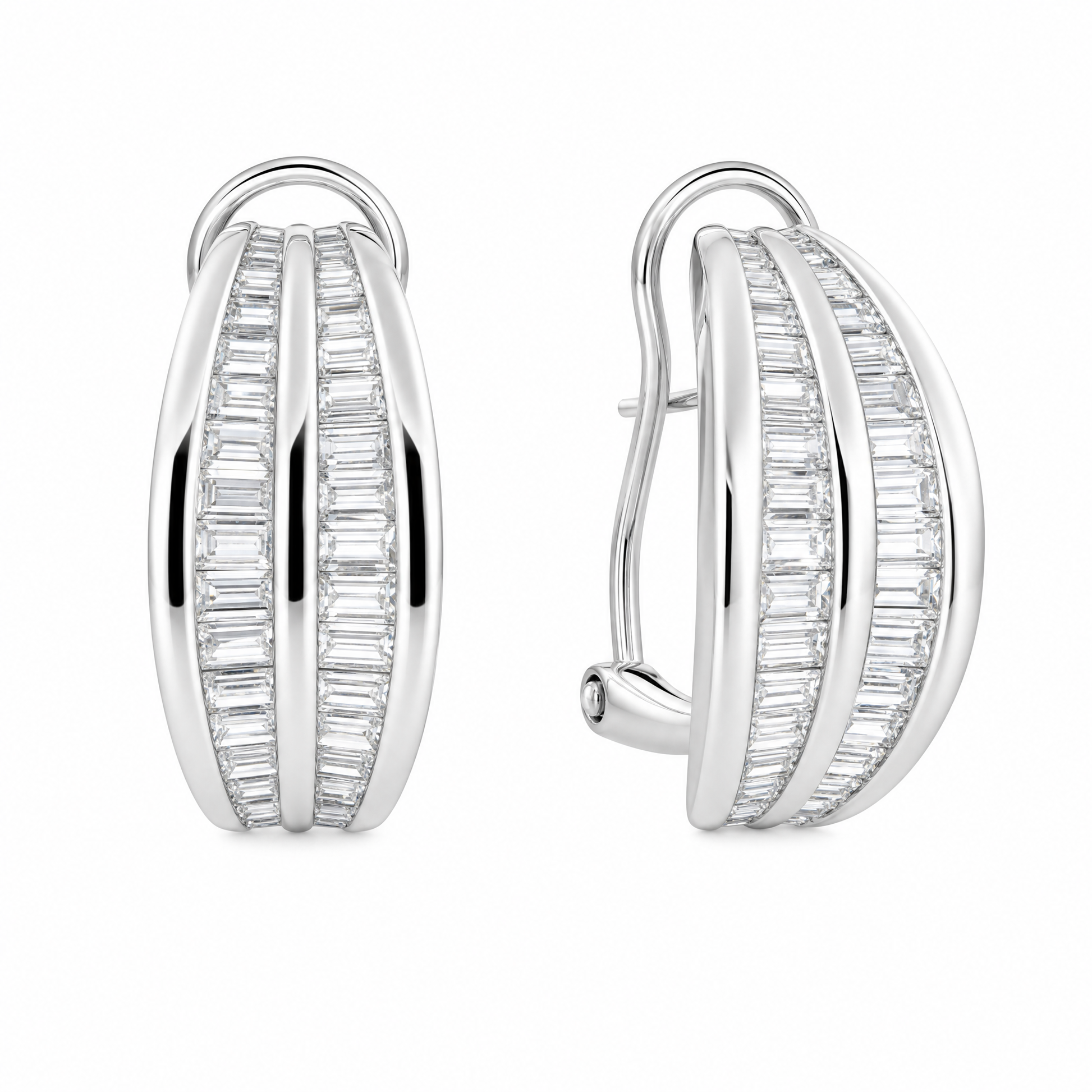 DERT0134W W-2 front and turned view showing French clip backing - tapered baguette diamond three-row channel half-hoop clip earrings in 18K white gold