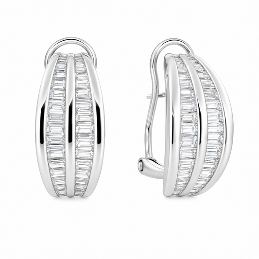 DERT0134W W-2 front and turned view showing French clip backing - tapered baguette diamond three-row channel half-hoop clip earrings in 18K white gold