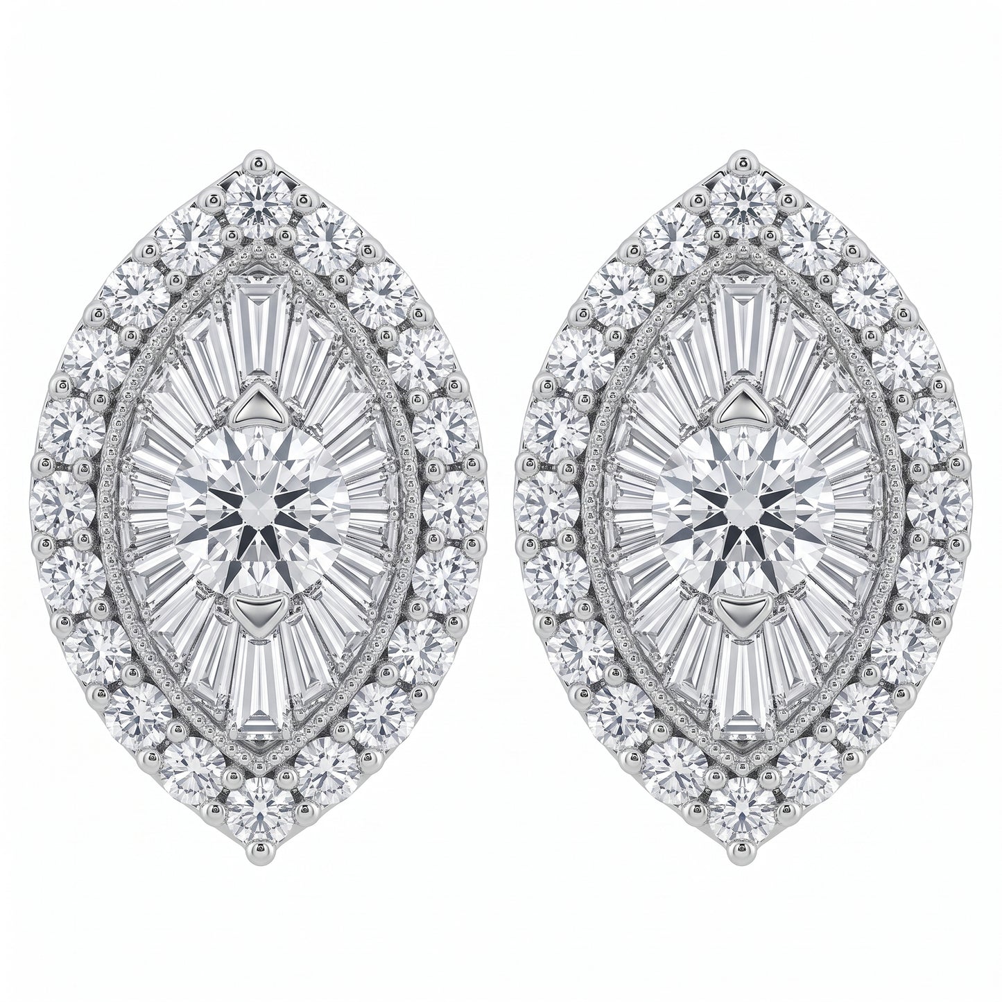 DERT0318W white background front view - marquise-shaped tapered baguette and round diamond cluster post earrings in 18K white gold