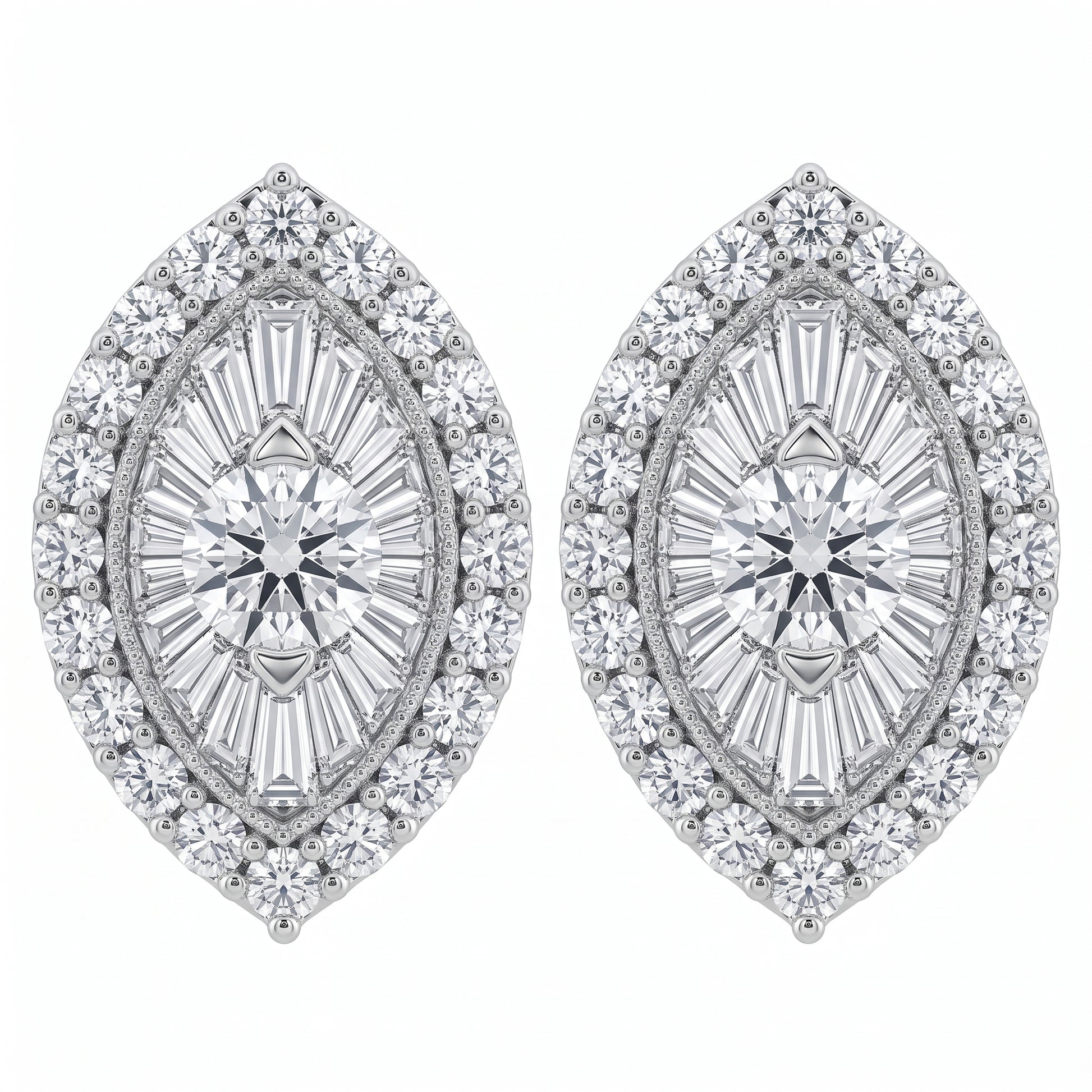 DERT0318W white background front view - marquise-shaped tapered baguette and round diamond cluster post earrings in 18K white gold