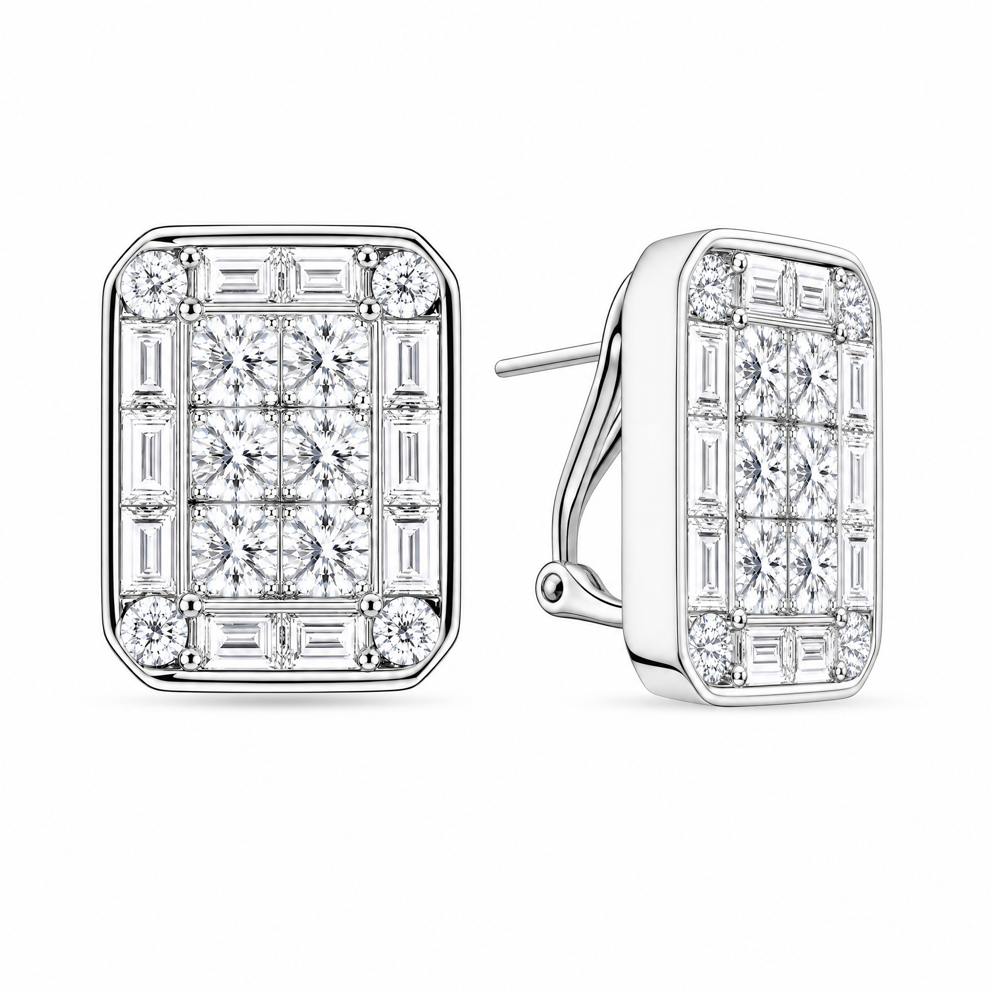 DERT0411W W-2 front and turned view showing French clip backing - invisible-set princess and baguette diamond octagonal clip earrings