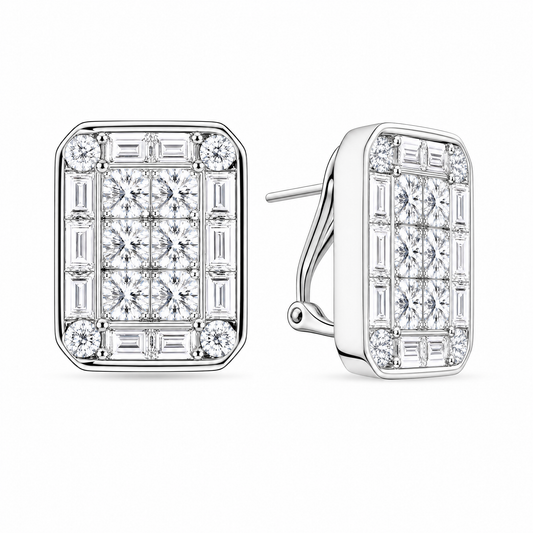 DERT0411W W-2 front and turned view showing French clip backing - invisible-set princess and baguette diamond octagonal clip earrings