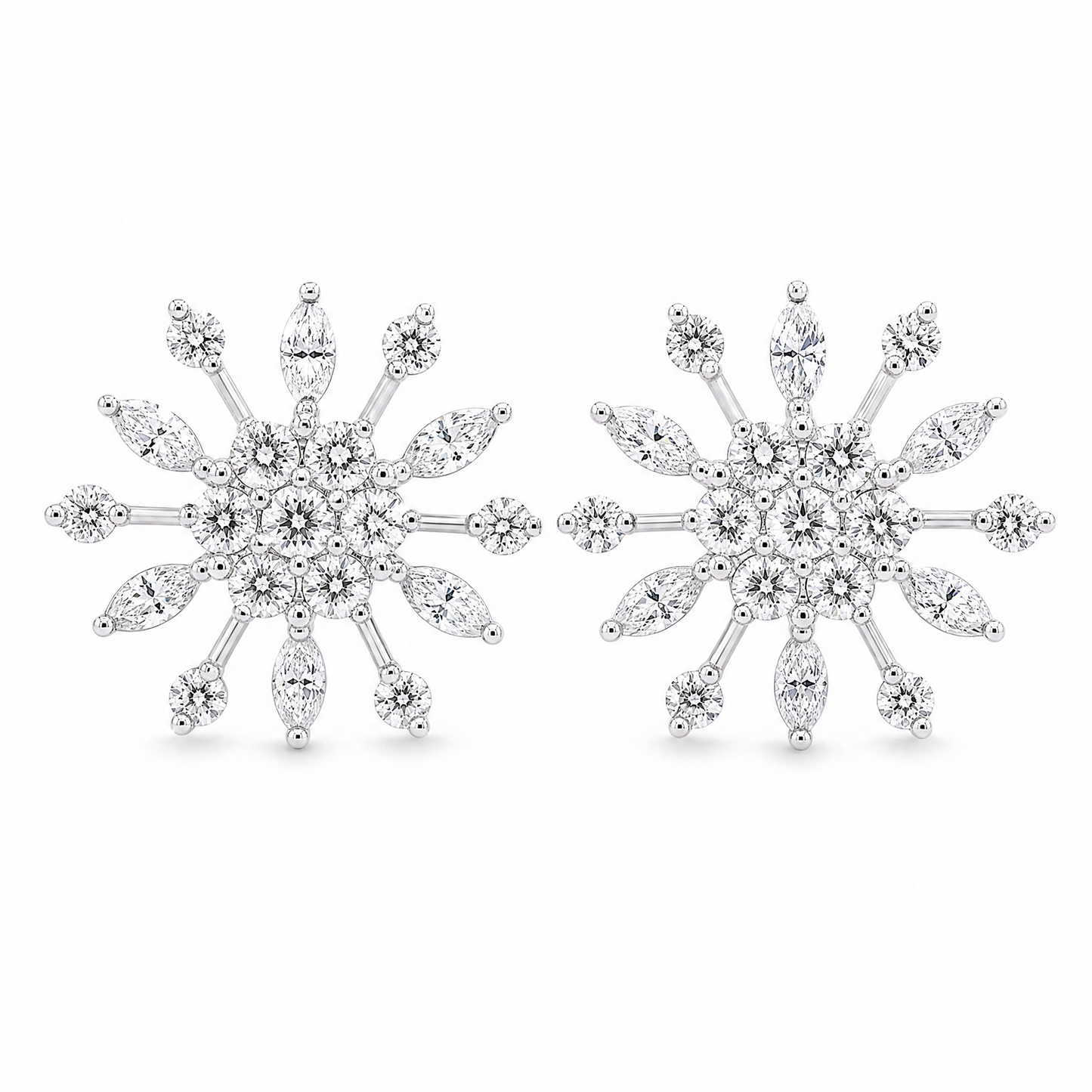 DERT0453W W-1 frontal pair - marquise and round diamond snowflake stud earrings, 18K white gold