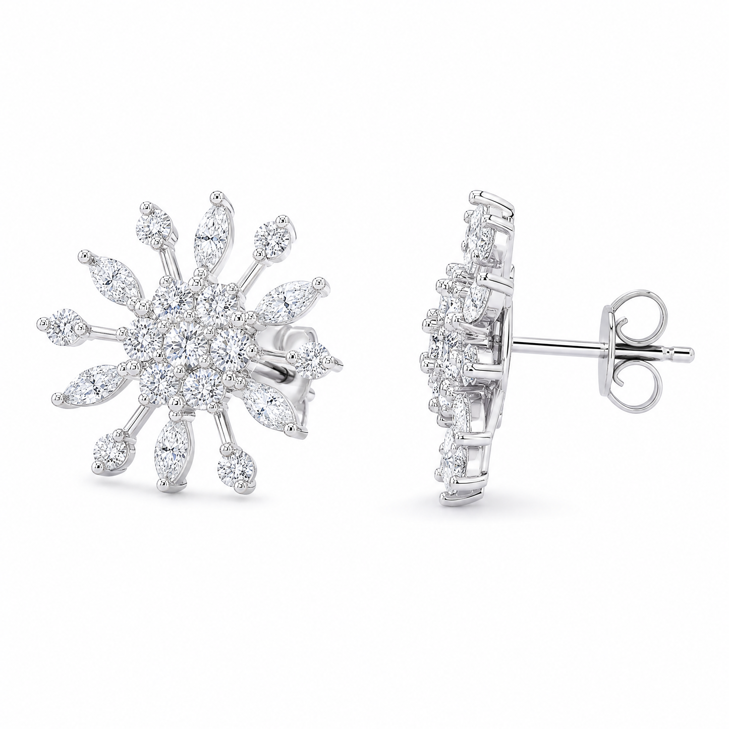 DERT0453W W-2 front and turned view showing the post and butterfly back - marquise and round diamond snowflake stud earrings, 18K white gold
