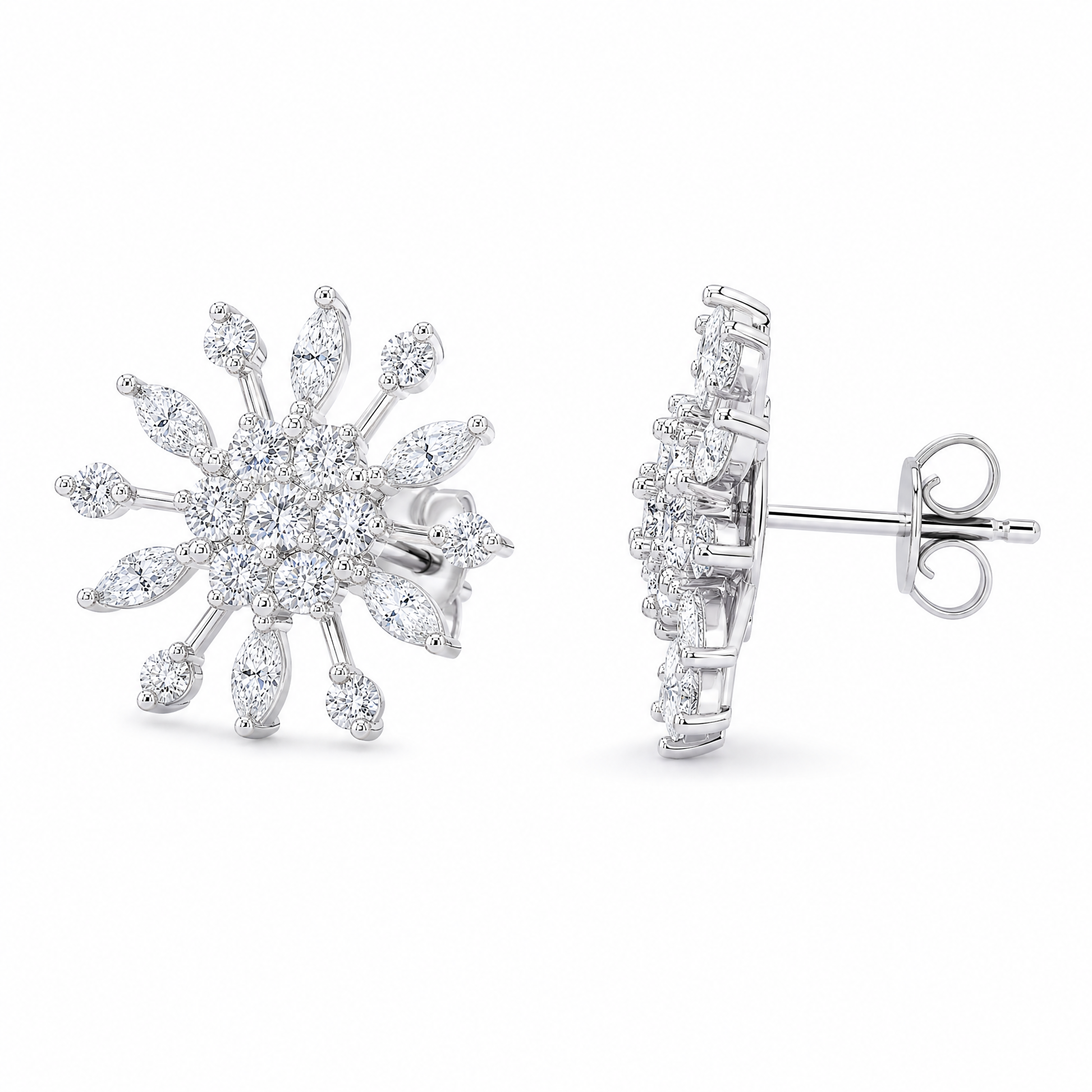 DERT0453W W-2 front and turned view showing the post and butterfly back - marquise and round diamond snowflake stud earrings, 18K white gold