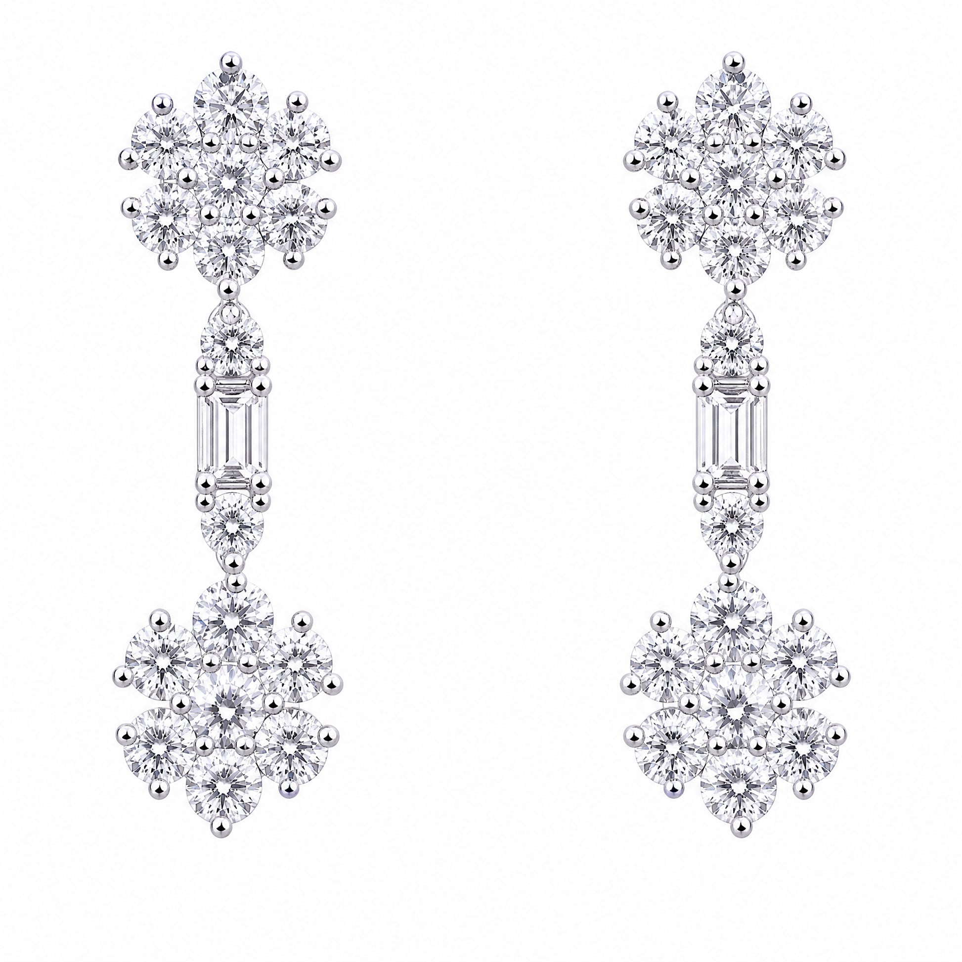 DERT0471W W-1 frontal pair diamond flower cluster dangle earrings