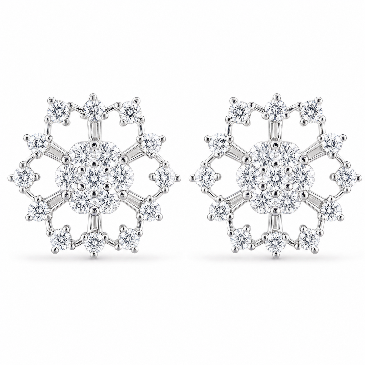 DERT0474W W-1 frontal pair - tapered baguette and round diamond openwork snowflake stud earrings