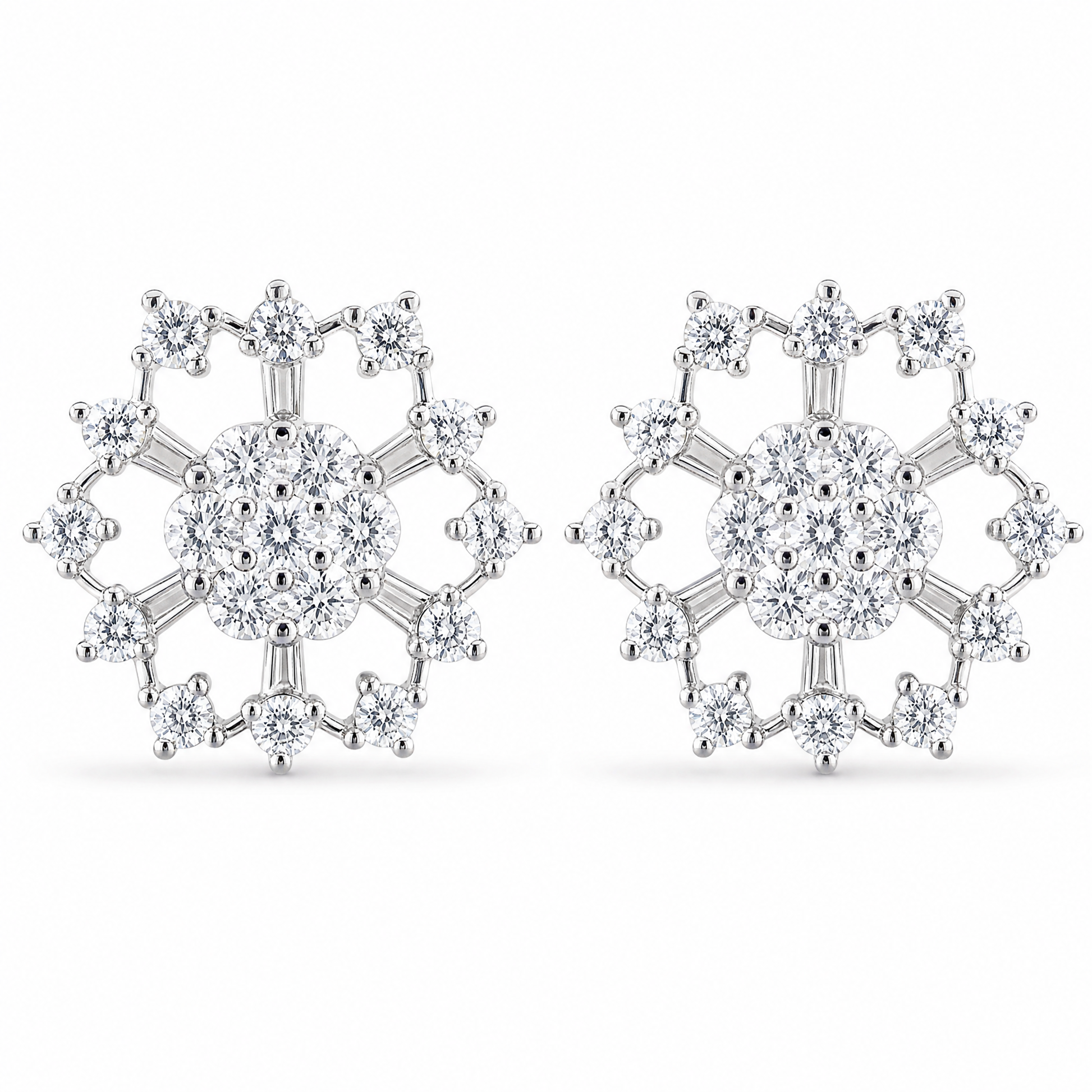 DERT0474W W-1 frontal pair - tapered baguette and round diamond openwork snowflake stud earrings